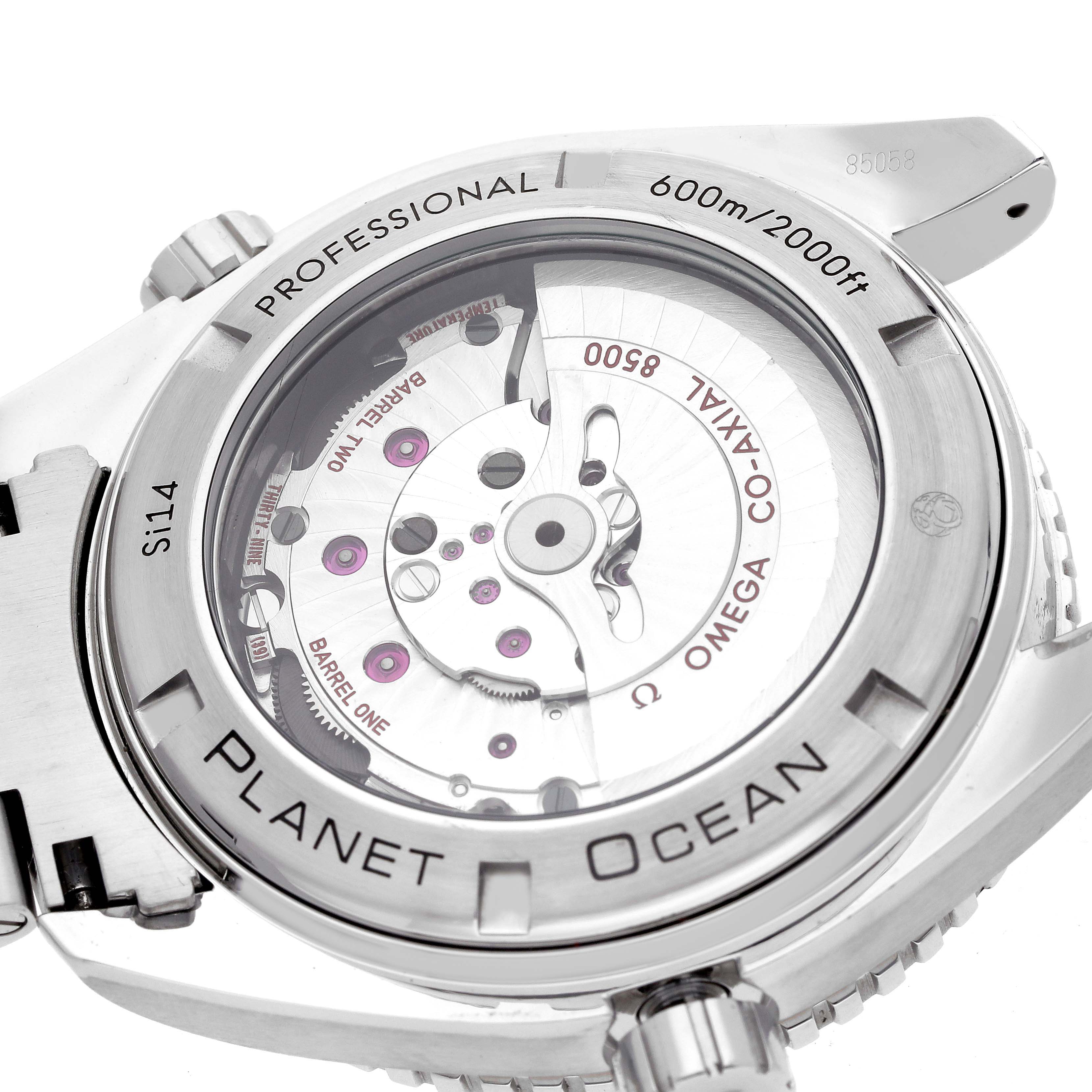 The image shows the back view of the Omega Planet Ocean 232.30.46.21.01.002 Men
s Stainless Steel Black Dial watch, highlighting the transparent case back and movement details.