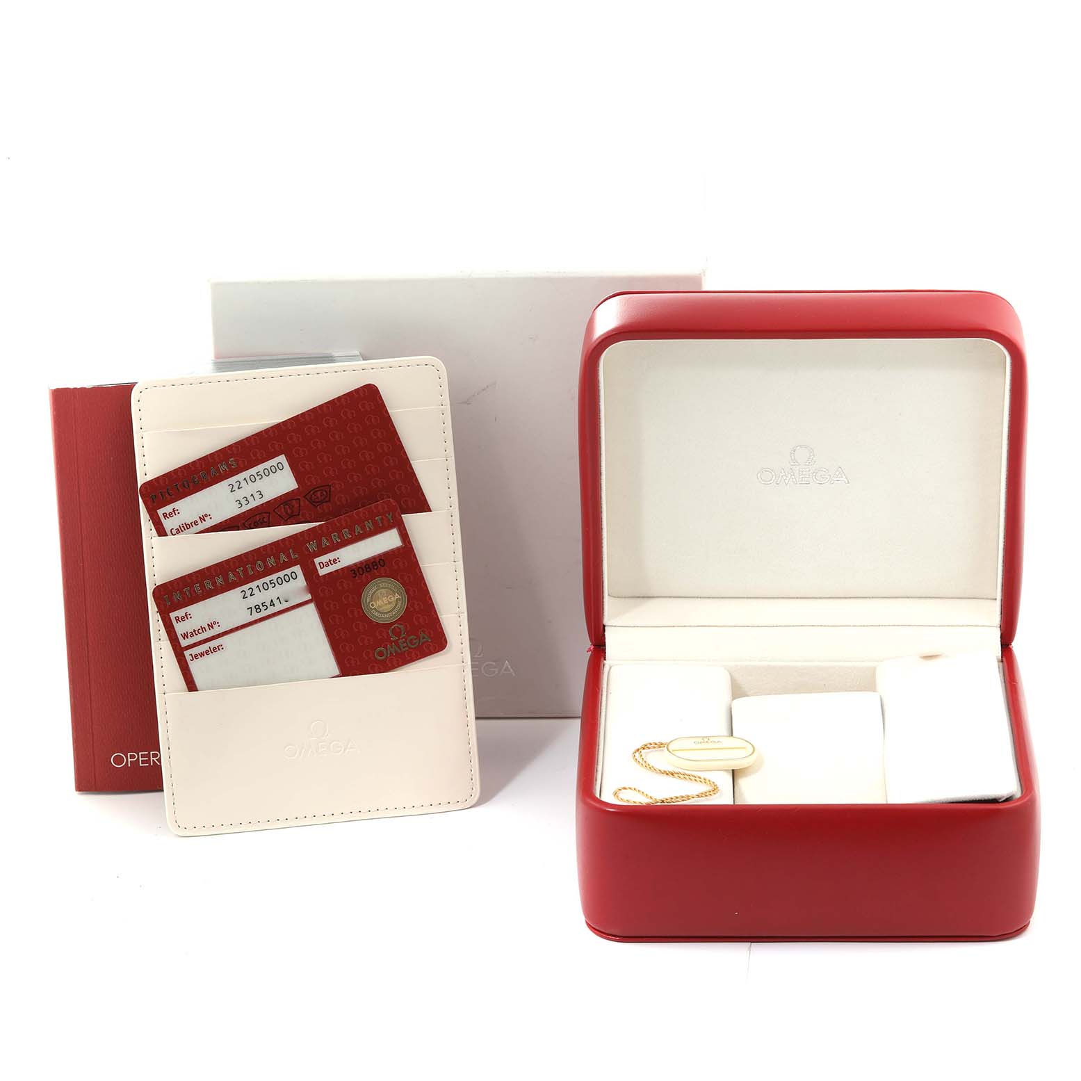 This image shows the packaging, warranty cards, cardholder, and watch box for the Omega Planet Ocean 2210.50.00 Men
s Stainless Steel Black Dial 2210.50.00 Men
s Stainless Steel Black Dial model.