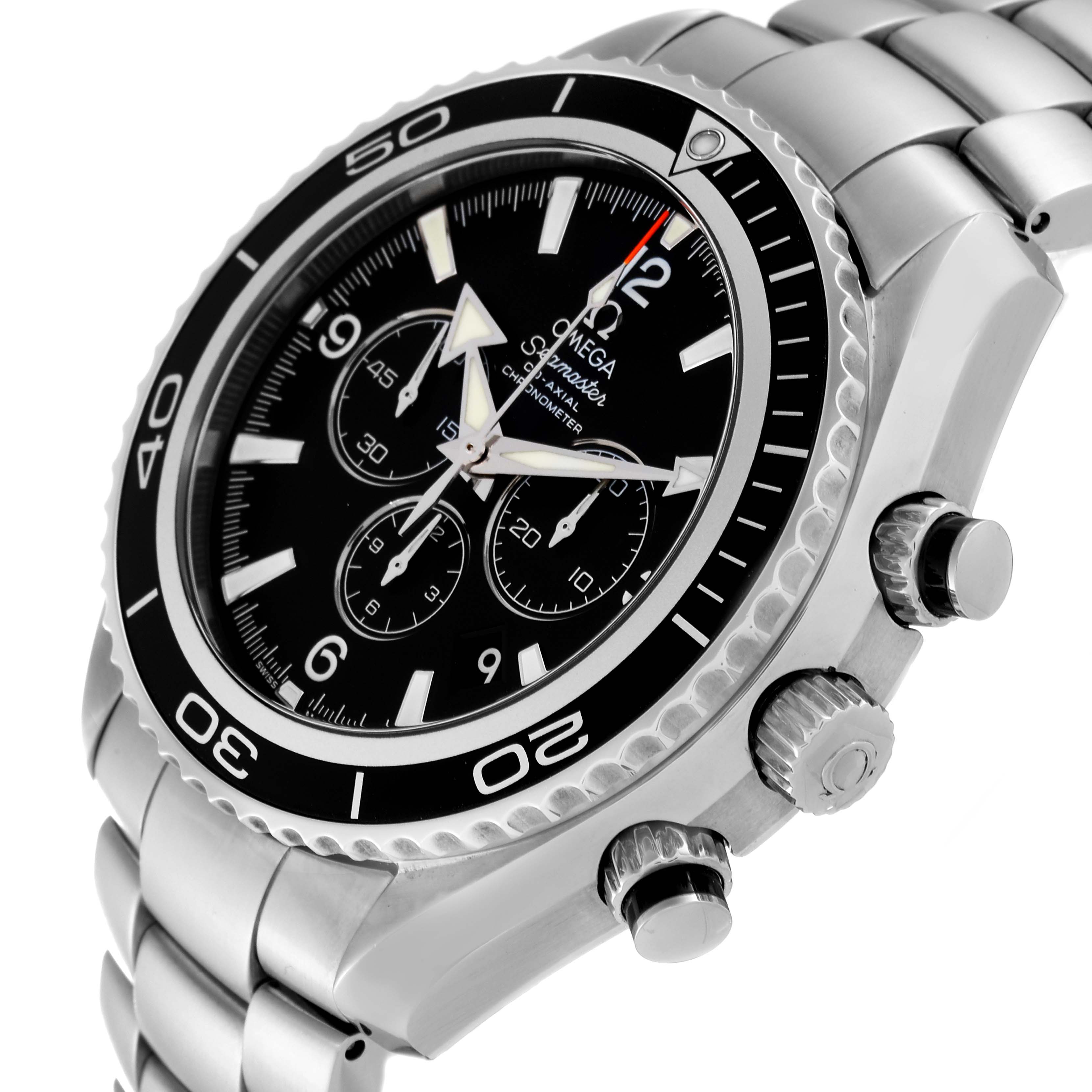 The Omega Planet Ocean 2210.50.00 Men
s Stainless Steel Black Dial 2210.50.00 Men
s Stainless Steel Black Dial watch is shown at an angle highlighting the dial, bezel, crown, pushers, and part of the bracelet.