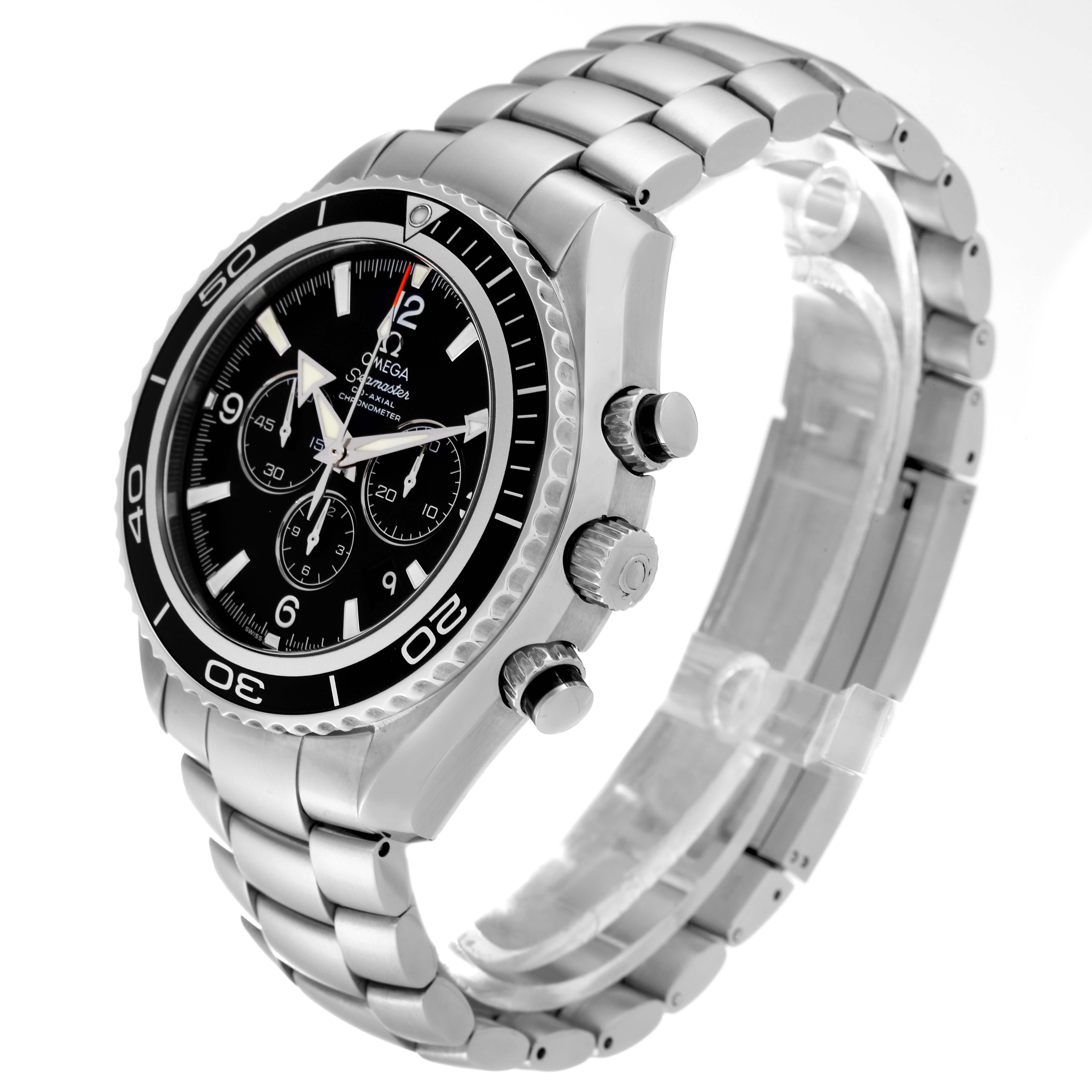 The image shows an angled side view of the Omega Planet Ocean 2210.50.00 Men
s Stainless Steel Black Dial 2210.50.00 Men
s Stainless Steel Black Dial watch, highlighting the bezel, dial, chronograph pushers, and bracelet.