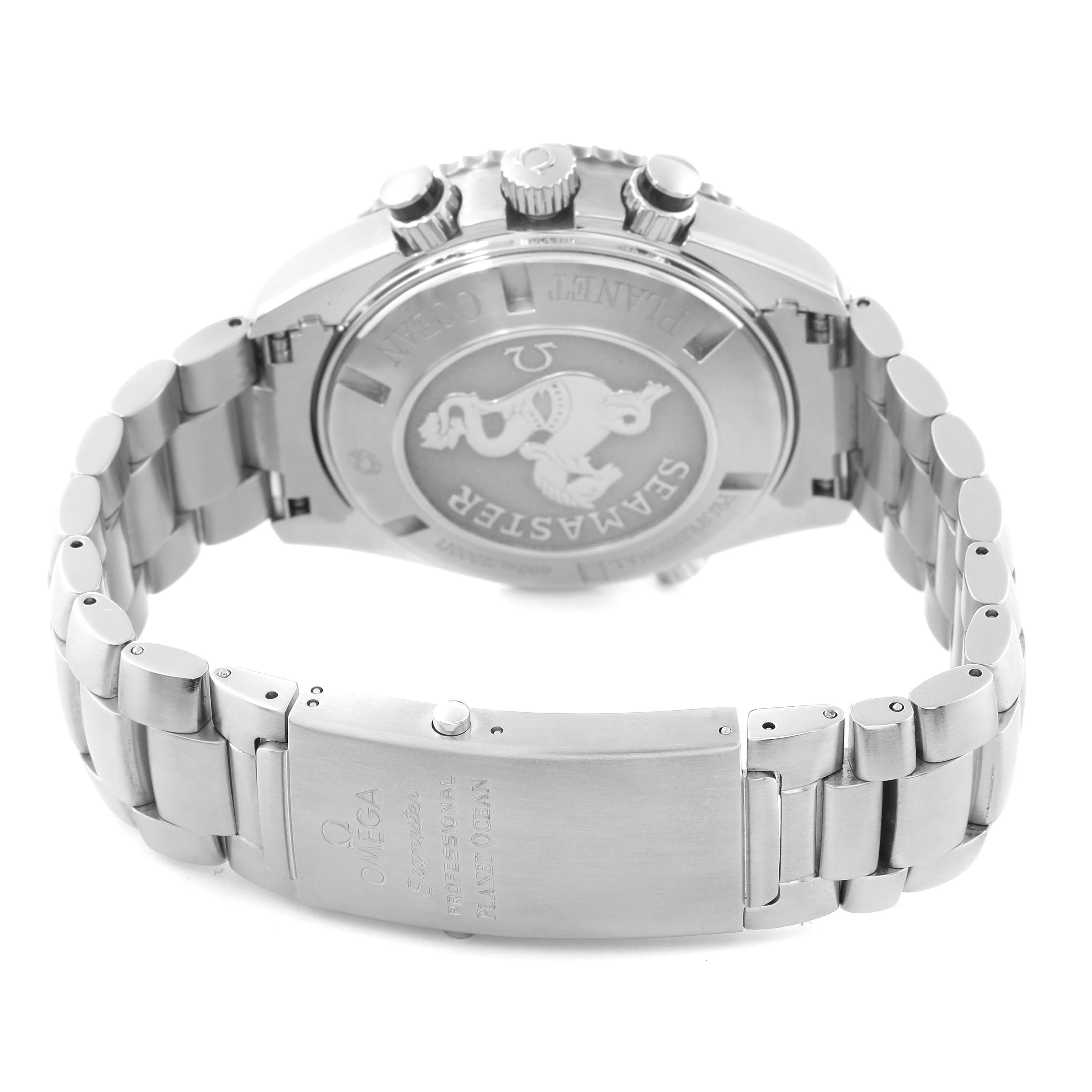 This image shows the back case, clasp, and part of the bracelet of the Omega Planet Ocean 2210.50.00 Men
s Stainless Steel Black Dial 2210.50.00 Men
s Stainless Steel Black Dial watch.