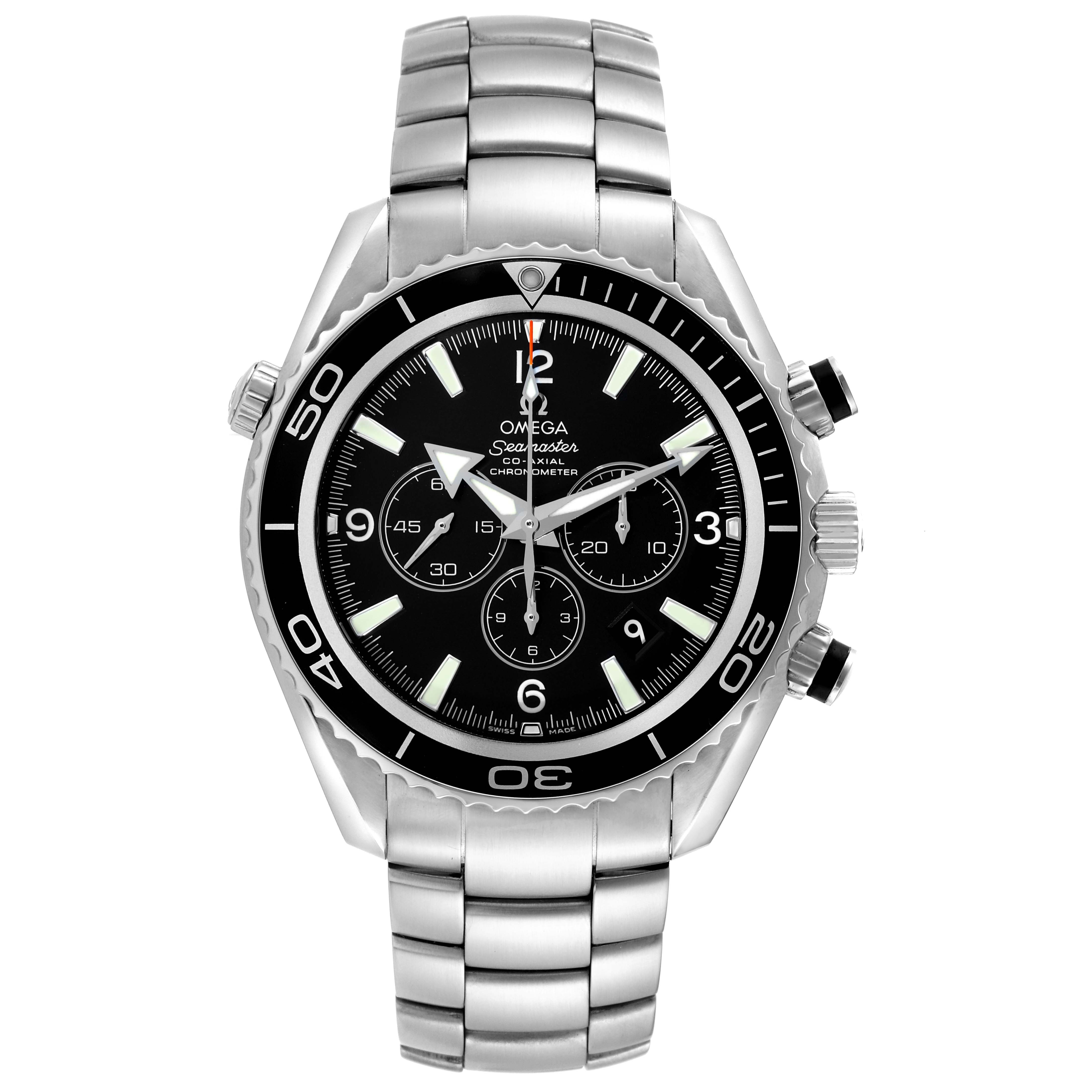 The image shows a front angle of the Omega Planet Ocean 2210.50.00 Men
s Stainless Steel Black Dial 2210.50.00 Men
s Stainless Steel Black Dial Seamaster watch, highlighting its bezel, dial, and metal bracelet.