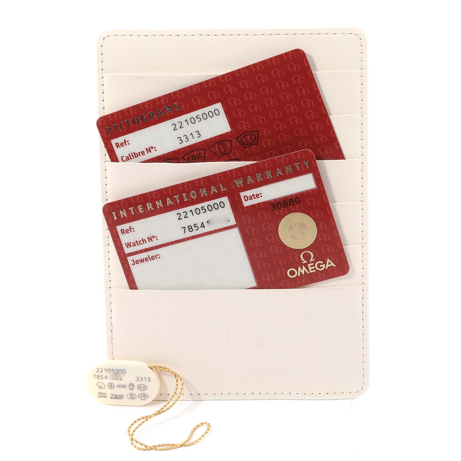 The image shows the warranty and pictogram cards for the Omega Planet Ocean 2210.50.00 Men
s Stainless Steel Black Dial 2210.50.00 Men
s Stainless Steel Black Dial watch, along with a holder and tag.