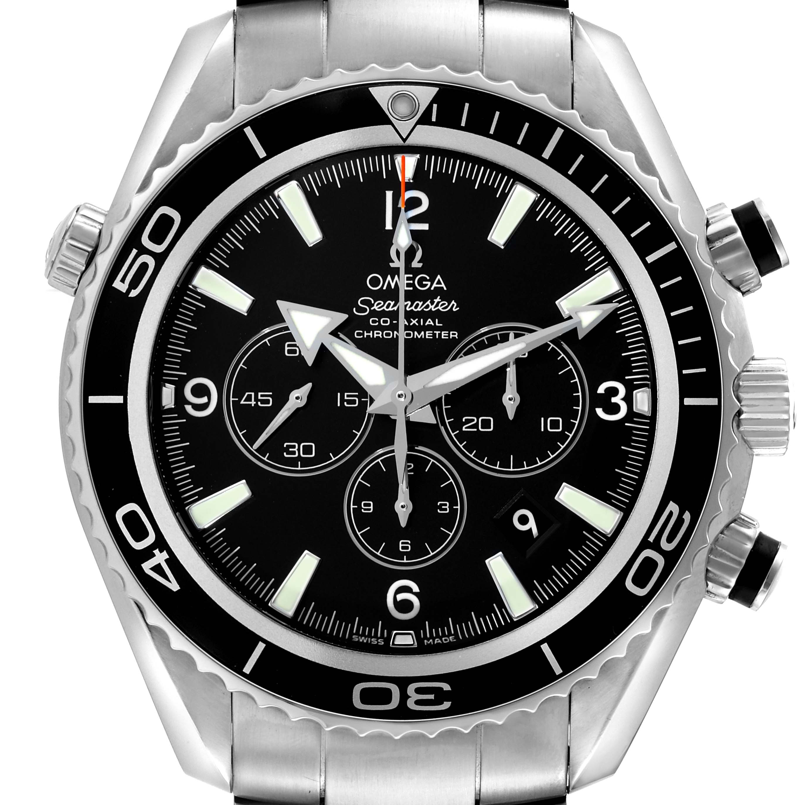 This is a front view of the Omega Planet Ocean 2210.50.00 Men
s Stainless Steel Black Dial 2210.50.00 Men
s Stainless Steel Black Dial model, showcasing its dial, bezel, and chronograph subdials.