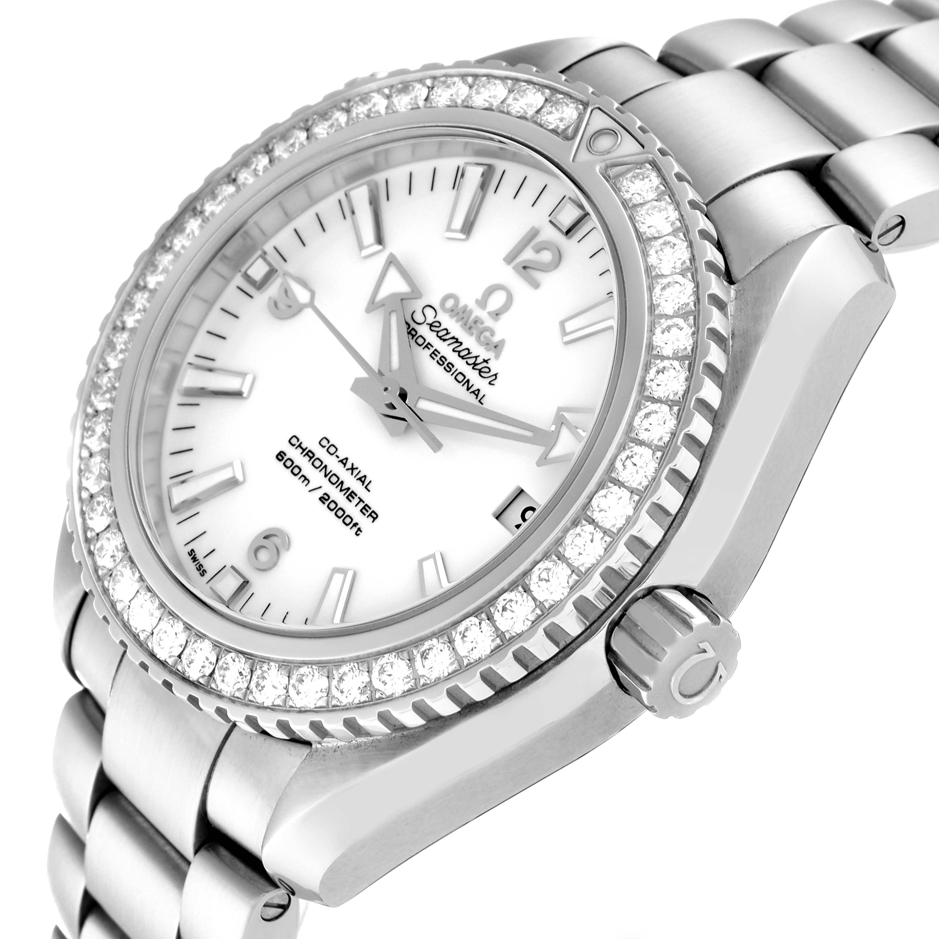 The image shows an angled close-up of an Omega Planet Ocean 232.15.42.21.04.001 Men's Stainless Steel White Dial 232.15.42.21.04.001 Men's Stainless Steel White Dial watch, highlighting its face, bezel, crown, and bracelet.