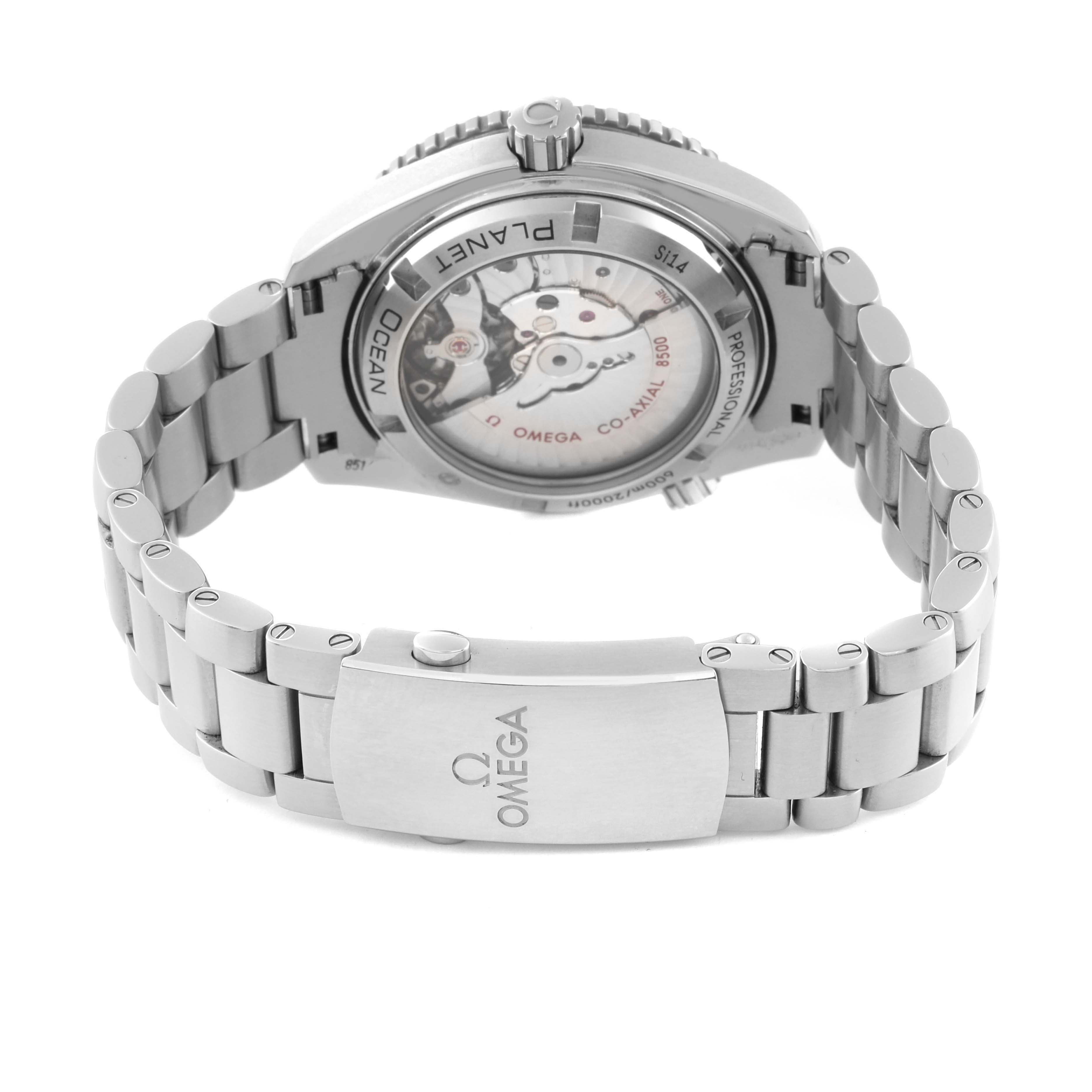 The image shows the back view of the Omega Planet Ocean 232.15.42.21.04.001 Men's Stainless Steel White Dial 232.15.42.21.04.001 Men's Stainless Steel White Dial watch, highlighting the transparent case back and metal bracelet.