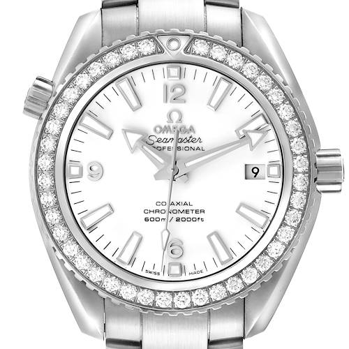 The Omega Planet Ocean model is shown from a front angle, highlighting its white dial, date window, and diamond-encrusted bezel.