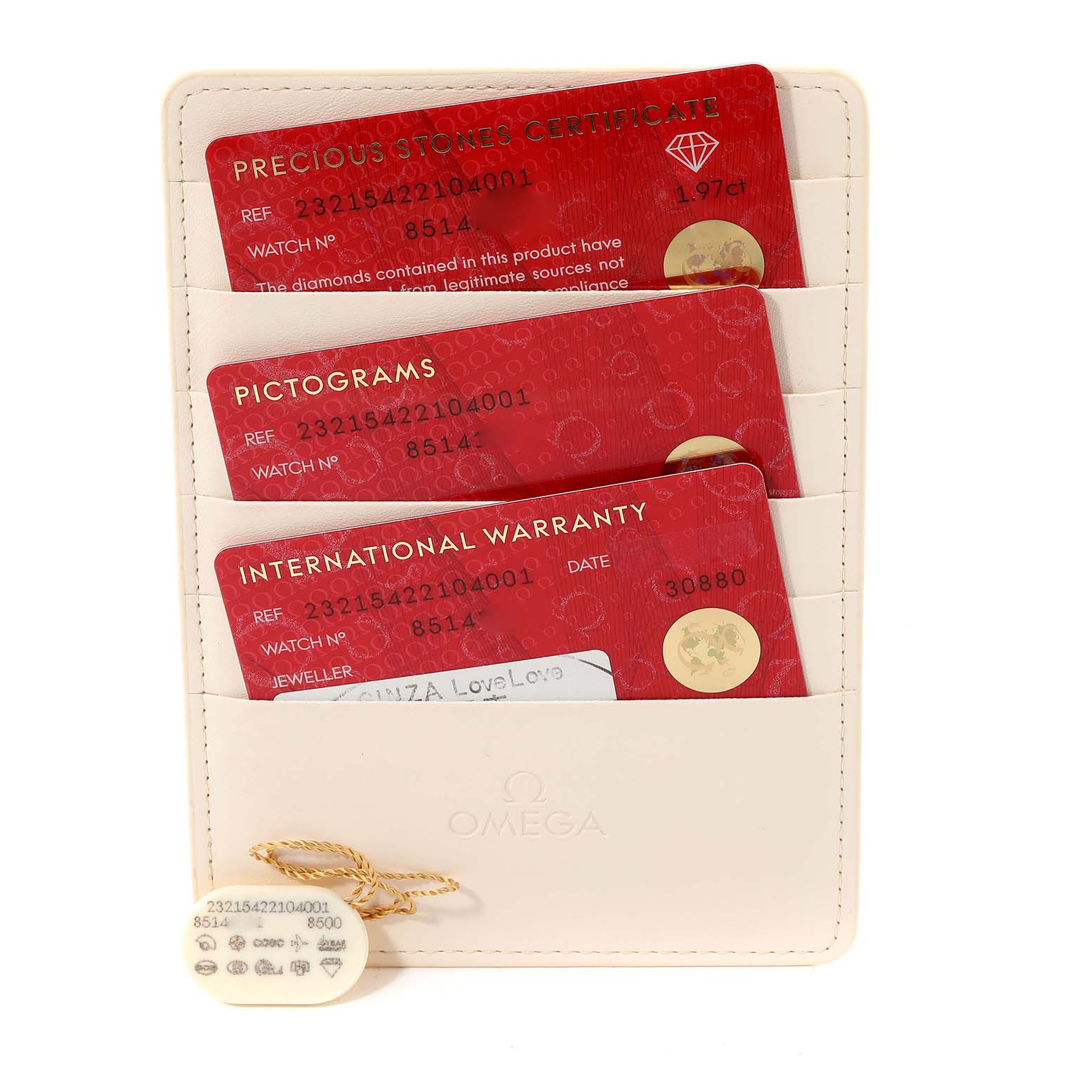 The image shows the warranty cardholder for an Omega Planet Ocean 232.15.42.21.04.001 Men's Stainless Steel White Dial 232.15.42.21.04.001 Men's Stainless Steel White Dial watch, containing certificates and international warranty cards.