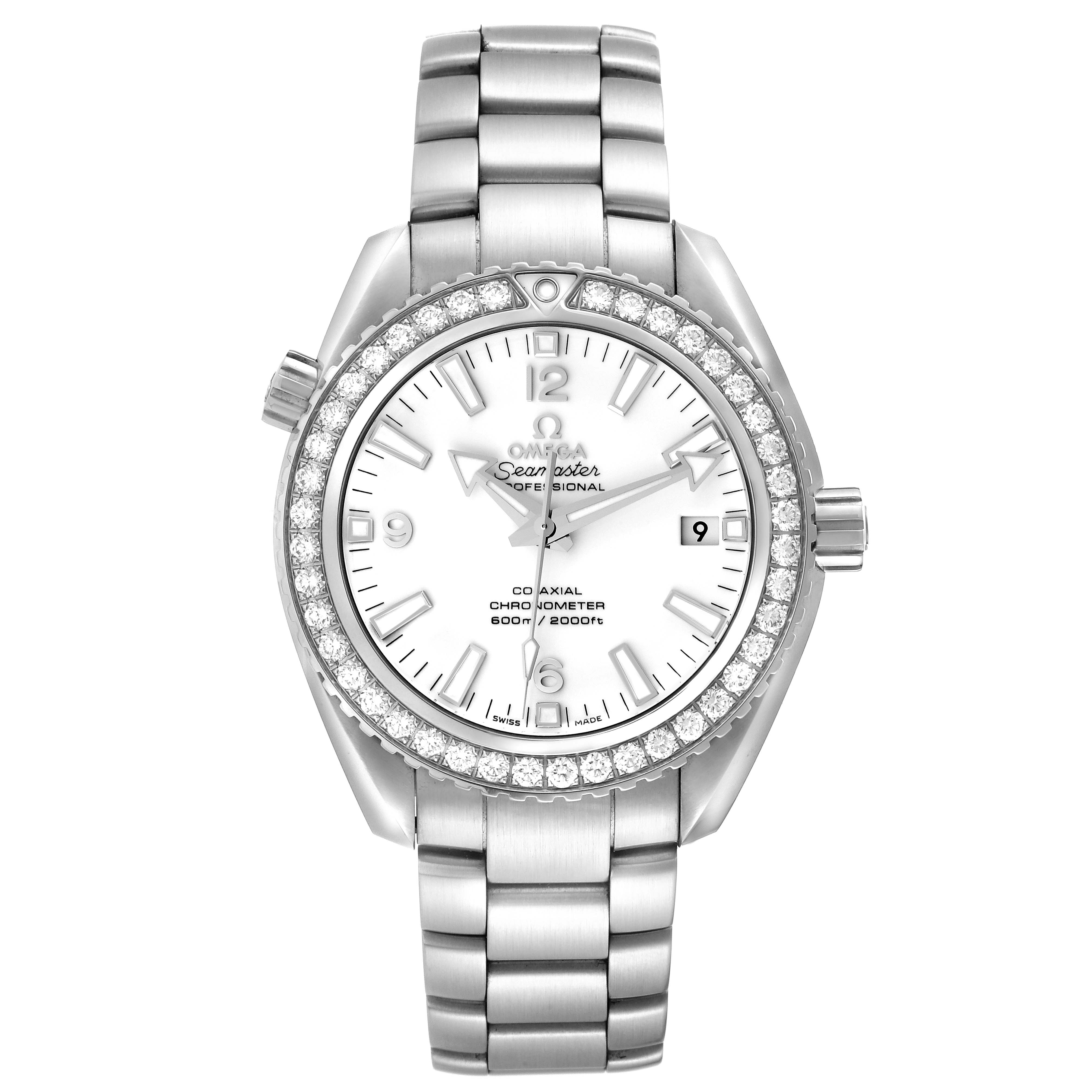 The image shows a front angle of the Omega Seamaster Planet Ocean watch with a white dial and a stainless steel bracelet.