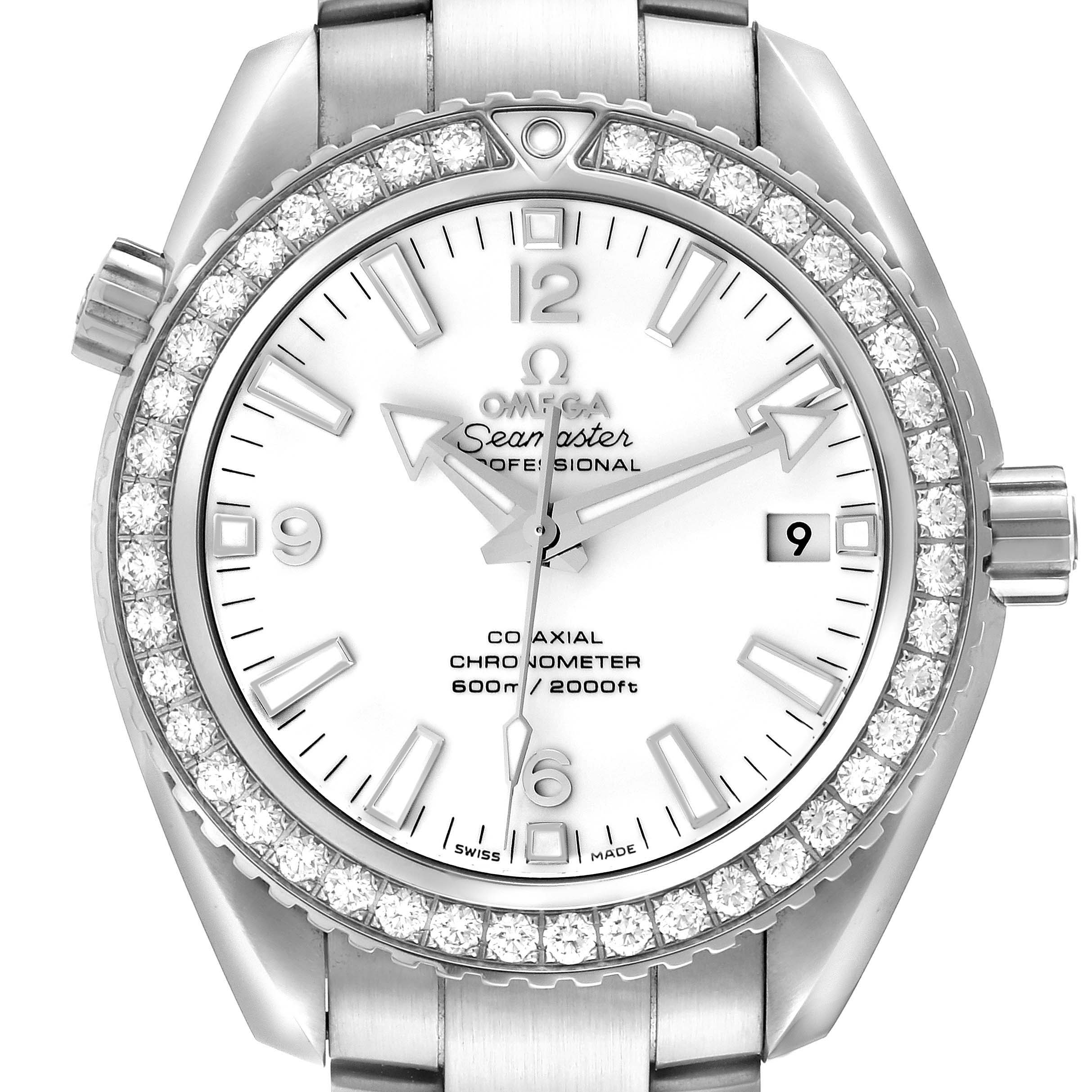 This image shows a frontal view of the Omega Seamaster Planet Ocean watch, highlighting the bezel, dial, and part of the bracelet.