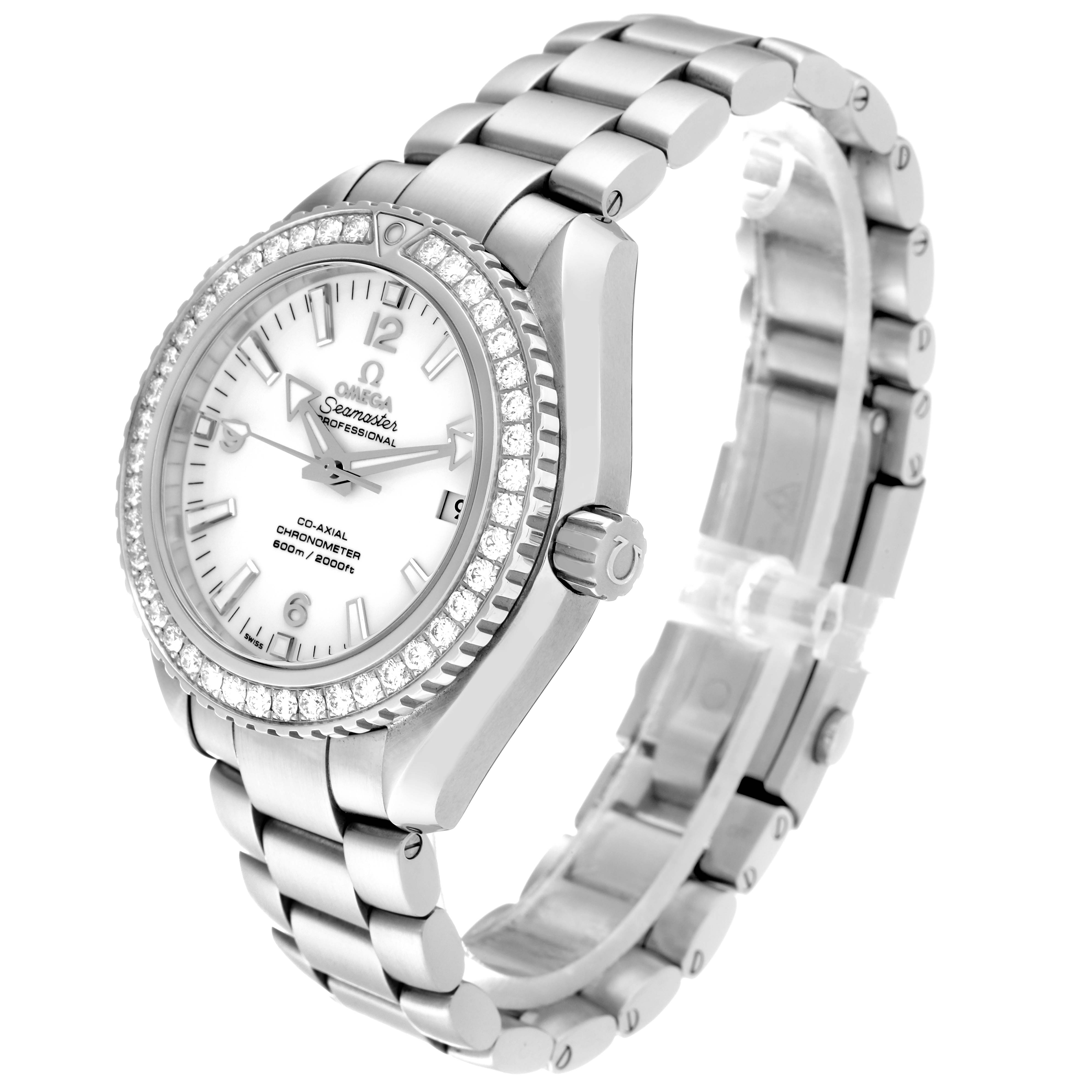 The image shows an angled view of the Omega Planet Ocean 232.15.42.21.04.001 Men's Stainless Steel White Dial 232.15.42.21.04.001 Men's Stainless Steel White Dial watch, highlighting its bezel, dial, crown, and metal bracelet.