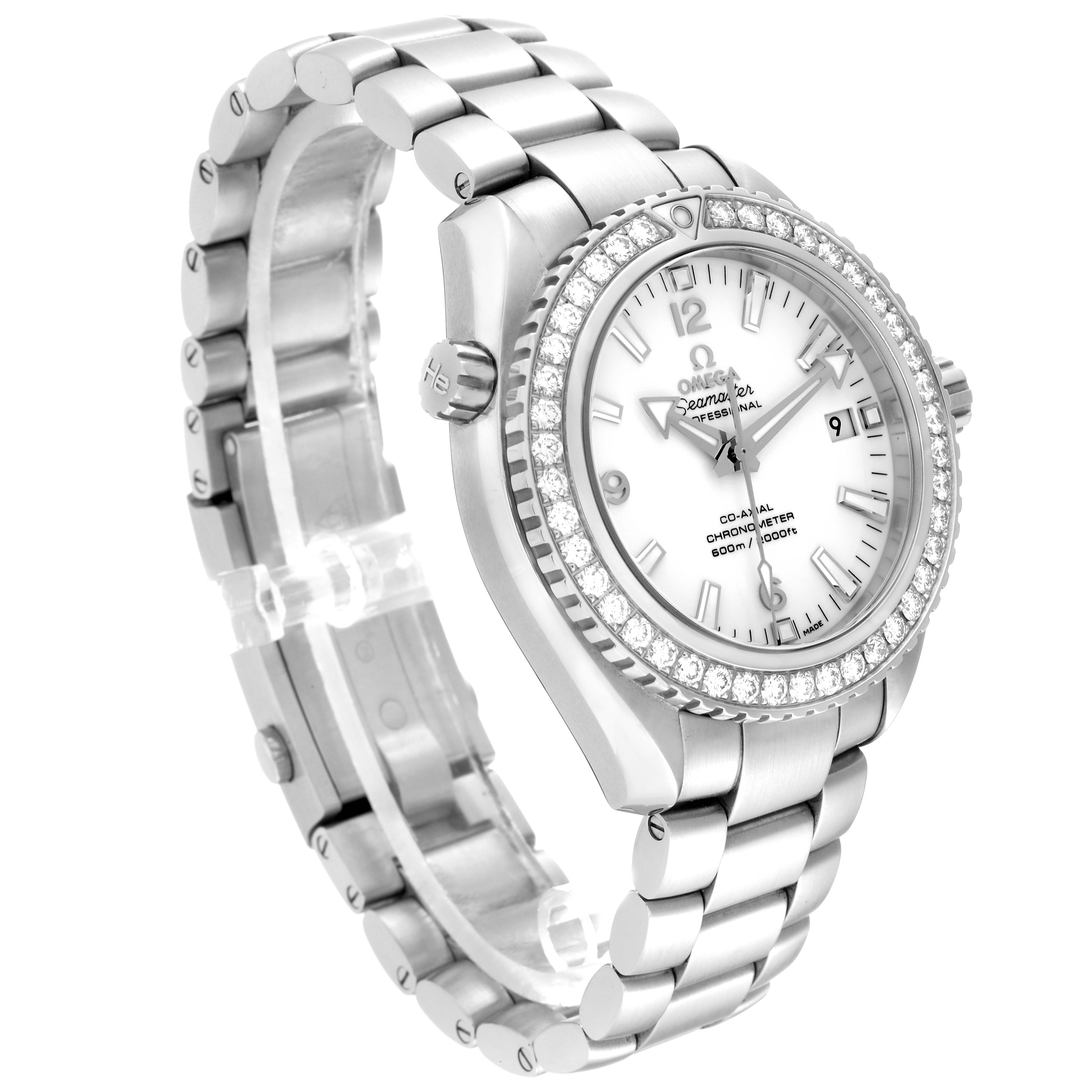 The Omega Planet Ocean 232.15.42.21.04.001 Men's Stainless Steel White Dial 232.15.42.21.04.001 Men's Stainless Steel White Dial watch is shown at an angled side view, highlighting the bezel, dial, crown, and metal bracelet.