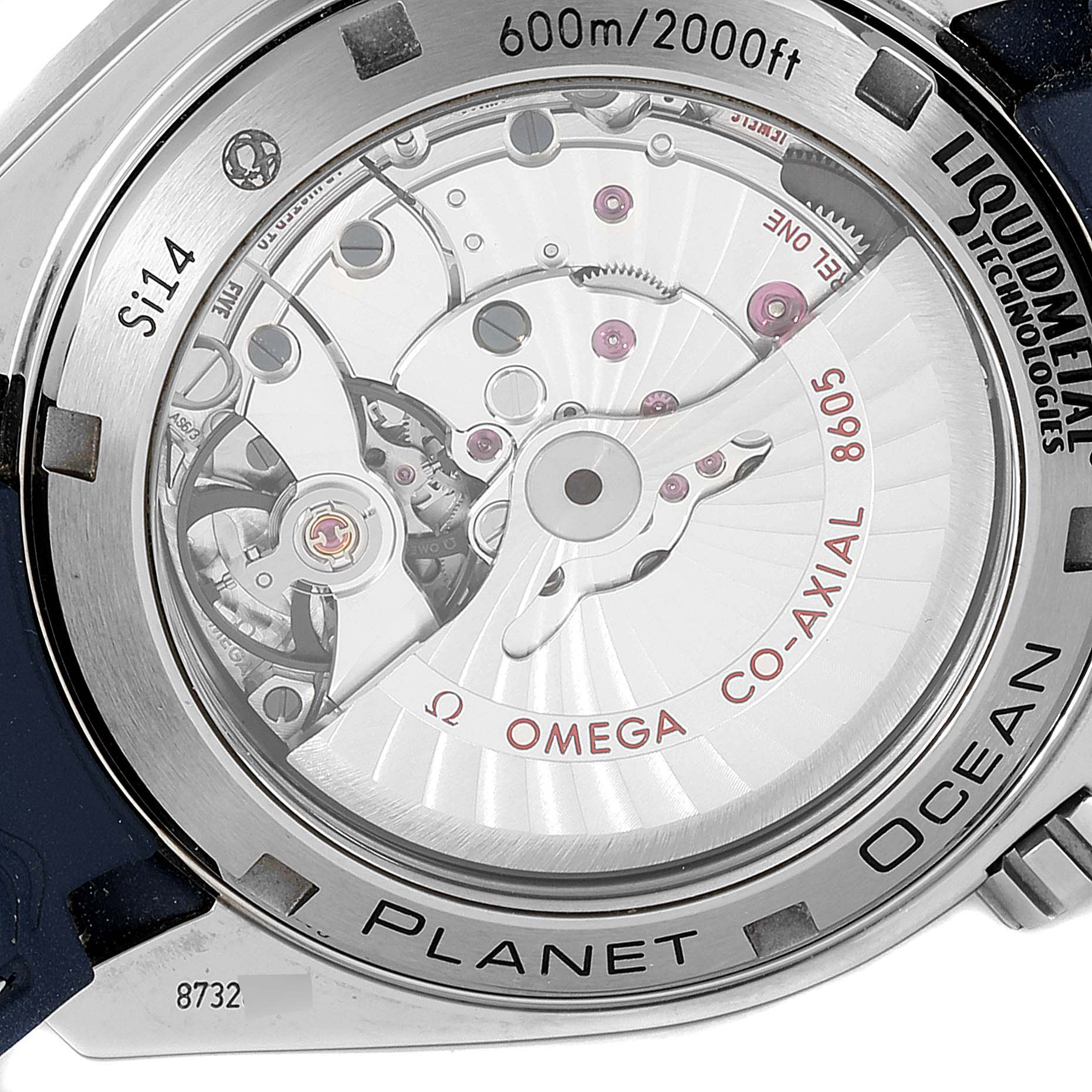 The image shows the back of the Omega Planet Ocean 232.92.44.22.03.001 Men's Titanium Blue Dial 232.92.44.22.03.001 Men's Titanium Blue Dial watch, highlighting the intricate movement and Co-Axial 8605 mechanism.