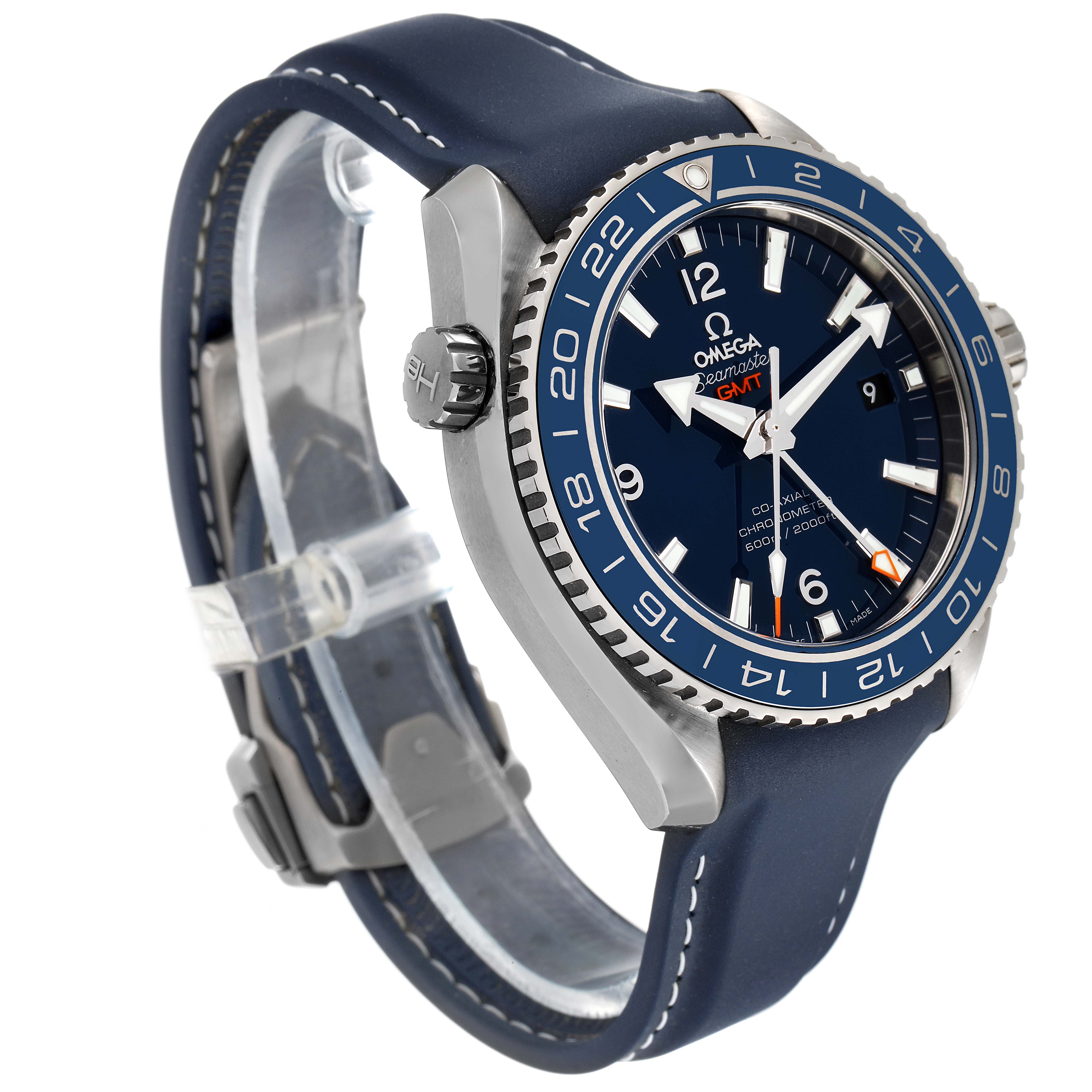 The Omega Planet Ocean 232.92.44.22.03.001 Men's Titanium Blue Dial 232.92.44.22.03.001 Men's Titanium Blue Dial watch is shown from a 3/4 angle, displaying the face, bezel, crown, and strap.