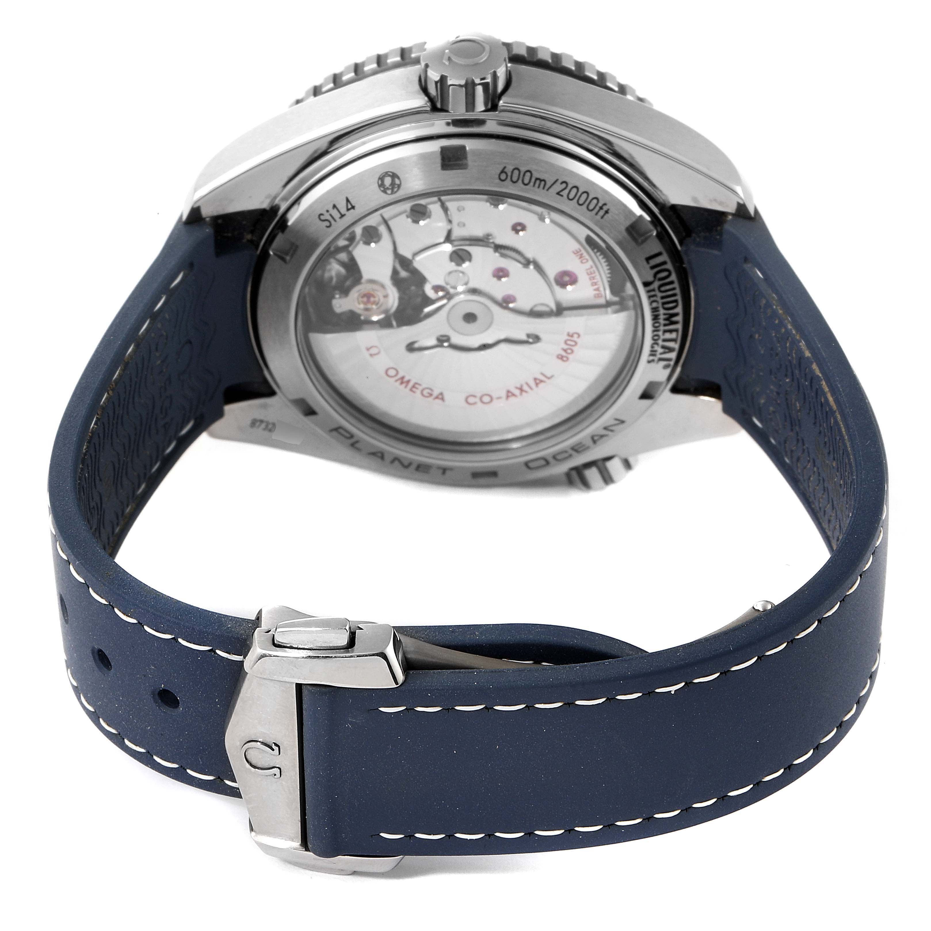 The image shows the back view of an Omega Planet Ocean 232.92.44.22.03.001 Men's Titanium Blue Dial 232.92.44.22.03.001 Men's Titanium Blue Dial watch, highlighting the movement, case back, and blue strap with clasp.