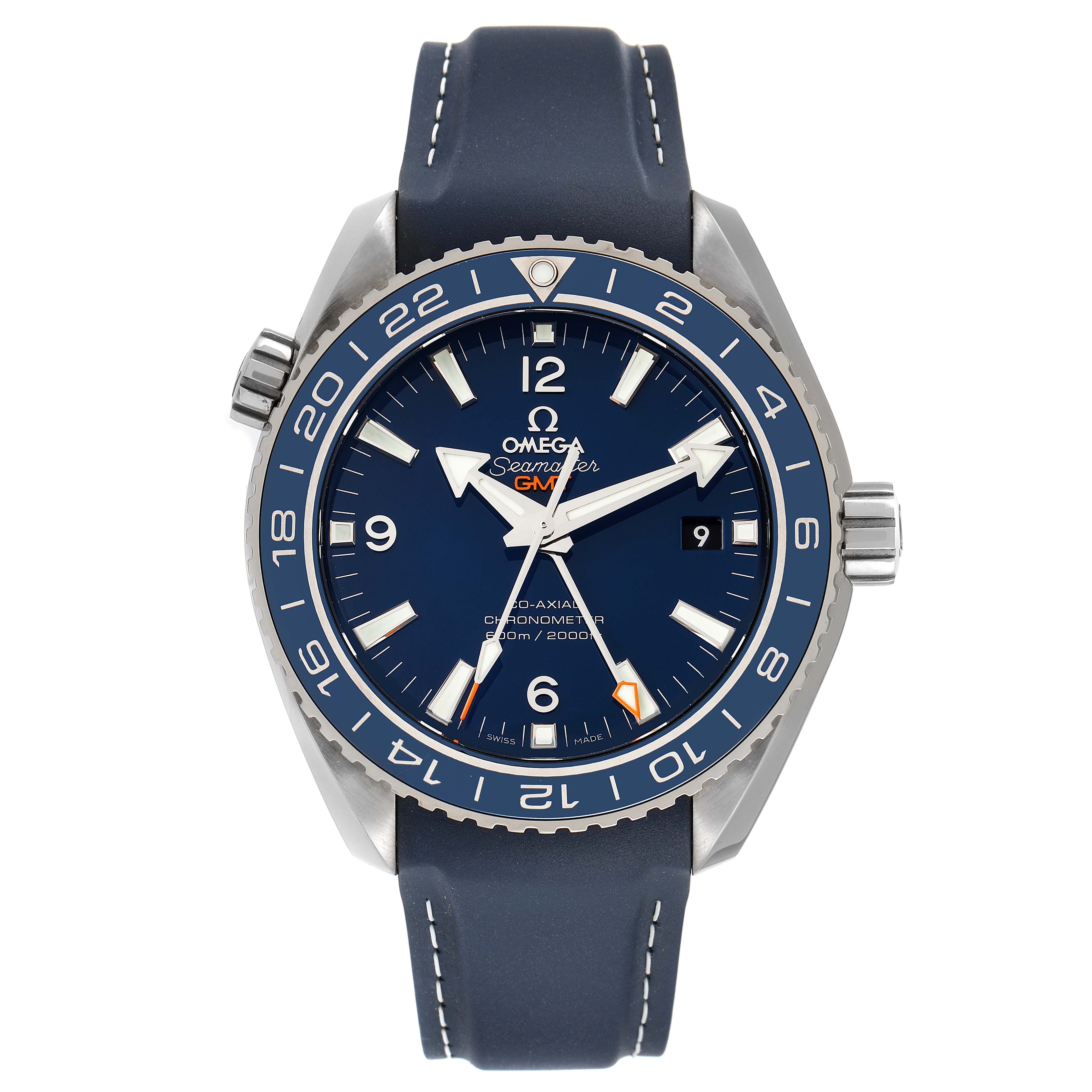 The Omega Planet Ocean 232.92.44.22.03.001 Men's Titanium Blue Dial 232.92.44.22.03.001 Men's Titanium Blue Dial watch is shown from the front, displaying the dial, bezel, and strap.