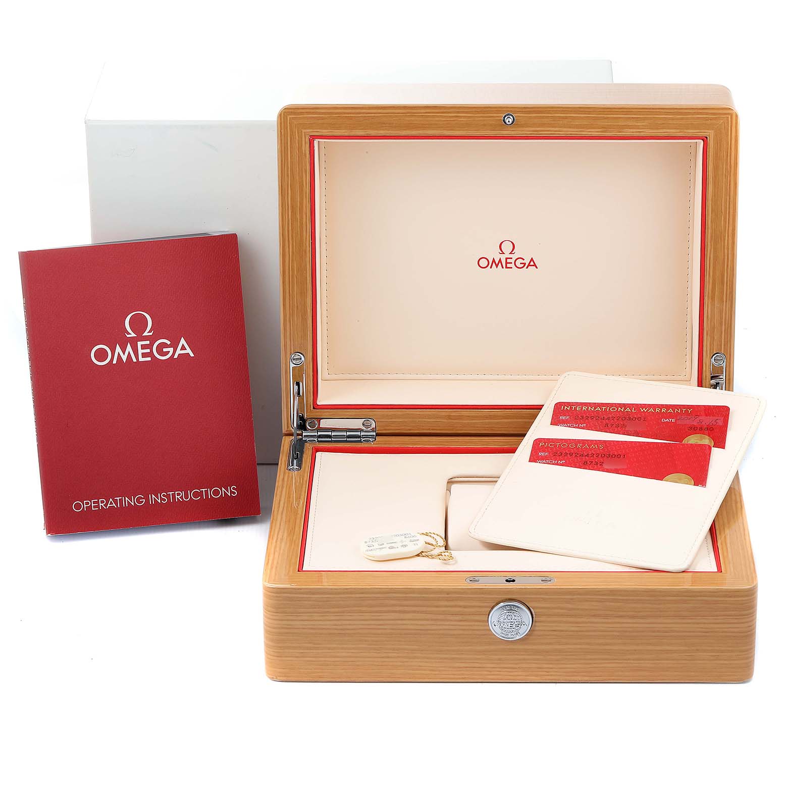 The image shows an Omega Planet Ocean 232.92.44.22.03.001 Men's Titanium Blue Dial 232.92.44.22.03.001 Men's Titanium Blue Dial watch box with operating instructions, warranty cards, and a pictogram card.