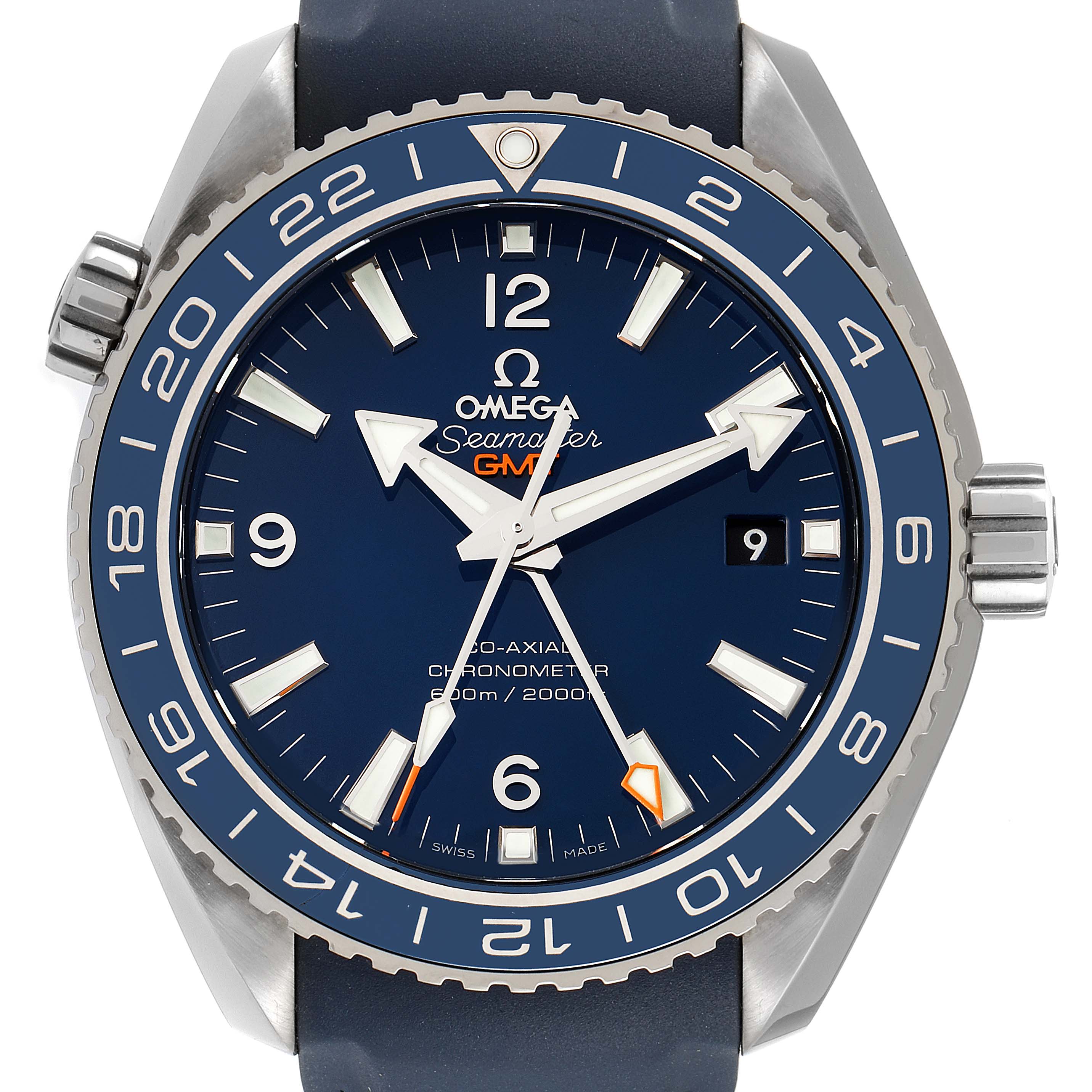The image shows a front view of the Omega Seamaster Planet Ocean GMT watch, displaying its dial, bezel, and crown.