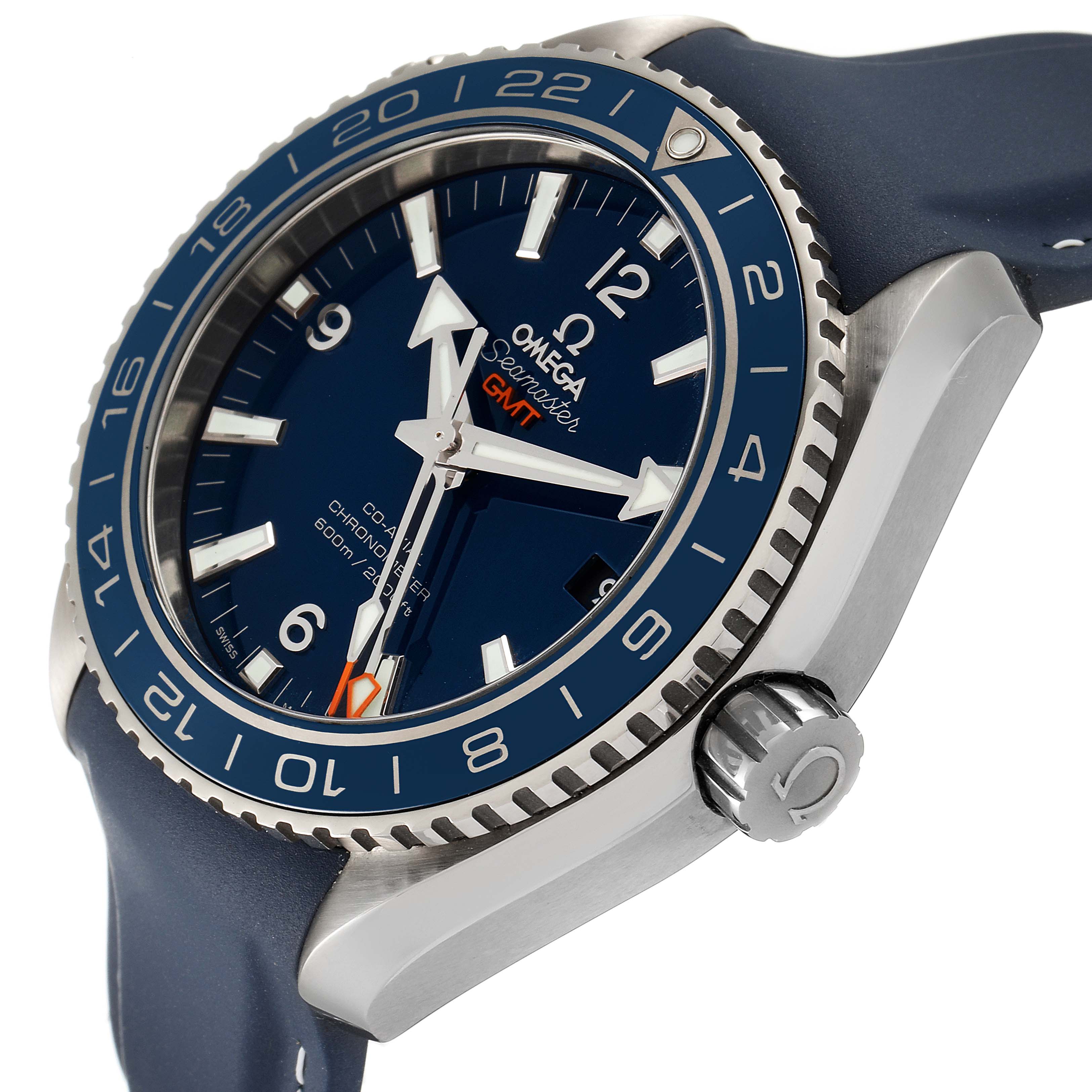 The image shows an angled side view of an Omega Planet Ocean 232.92.44.22.03.001 Men's Titanium Blue Dial 232.92.44.22.03.001 Men's Titanium Blue Dial Seamaster GMT watch, highlighting the dial, bezel, and crown.