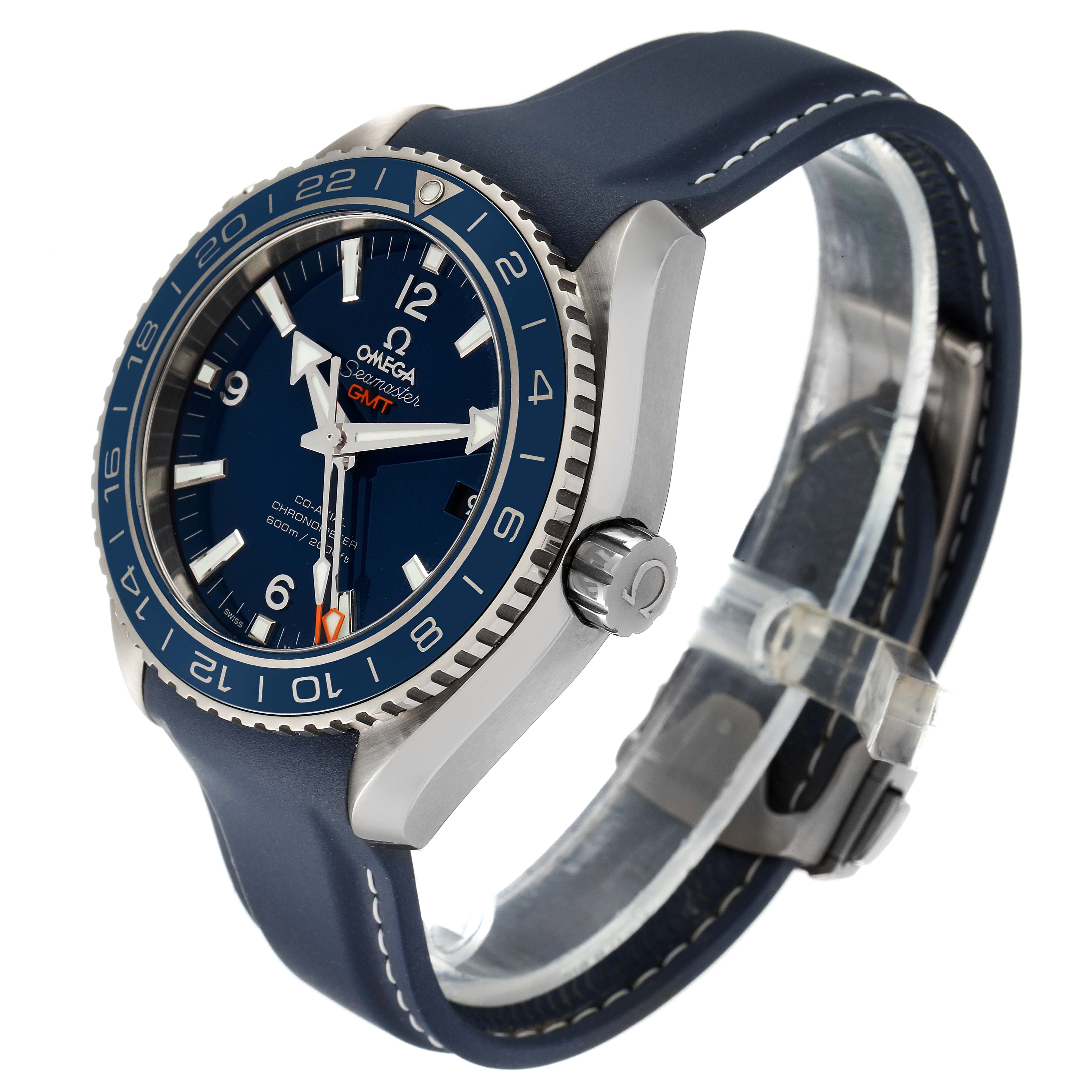 The Omega Planet Ocean 232.92.44.22.03.001 Men's Titanium Blue Dial 232.92.44.22.03.001 Men's Titanium Blue Dial GMT watch is shown at an angle displaying the face, bezel, crown, and blue strap.