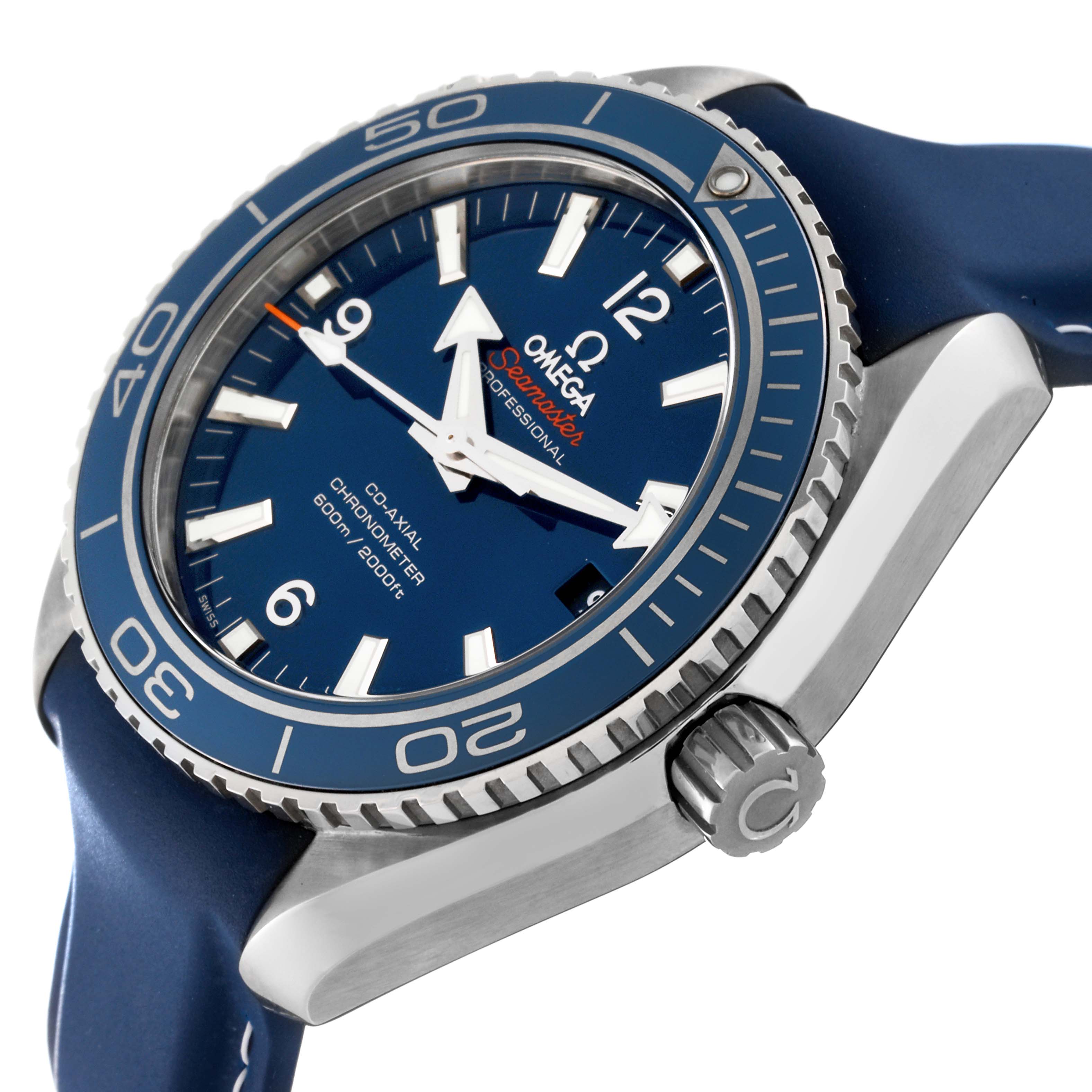 The image shows a side angle of the Omega Planet Ocean 232.92.42.21.03.001 Men
s Titanium Blue Dial 232.92.42.21.03.001 Men
s Titanium Blue Dial watch, displaying the case, bezel, crown, and part of the strap.