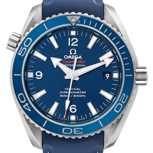 The Omega Planet Ocean watch is shown from the front, highlighting its dial, bezel, and part of its strap.