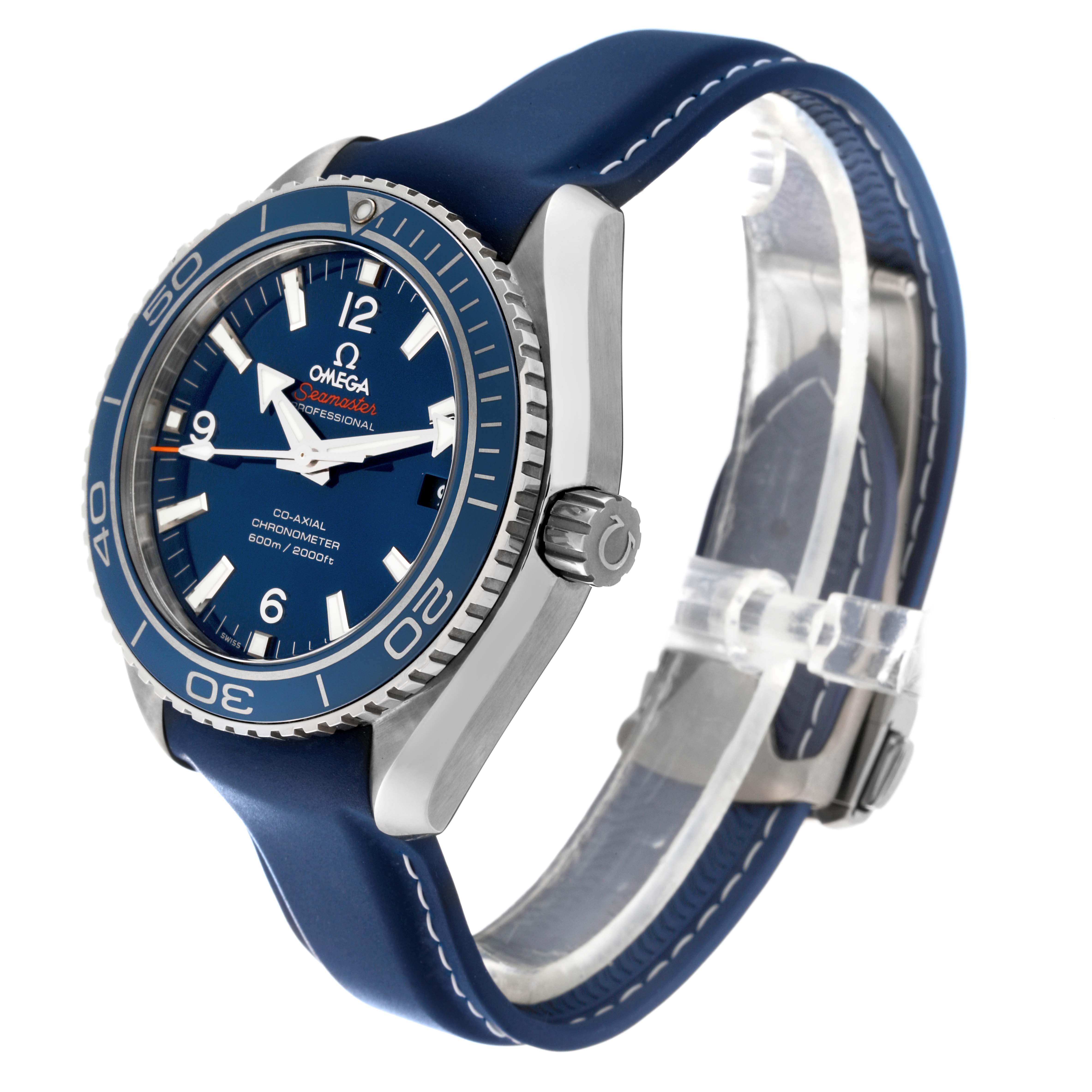 The Omega Planet Ocean 232.92.42.21.03.001 Men
s Titanium Blue Dial 232.92.42.21.03.001 Men
s Titanium Blue Dial watch is shown at a three-quarter angle, highlighting its blue dial, bezel, and strap with the crown visible.