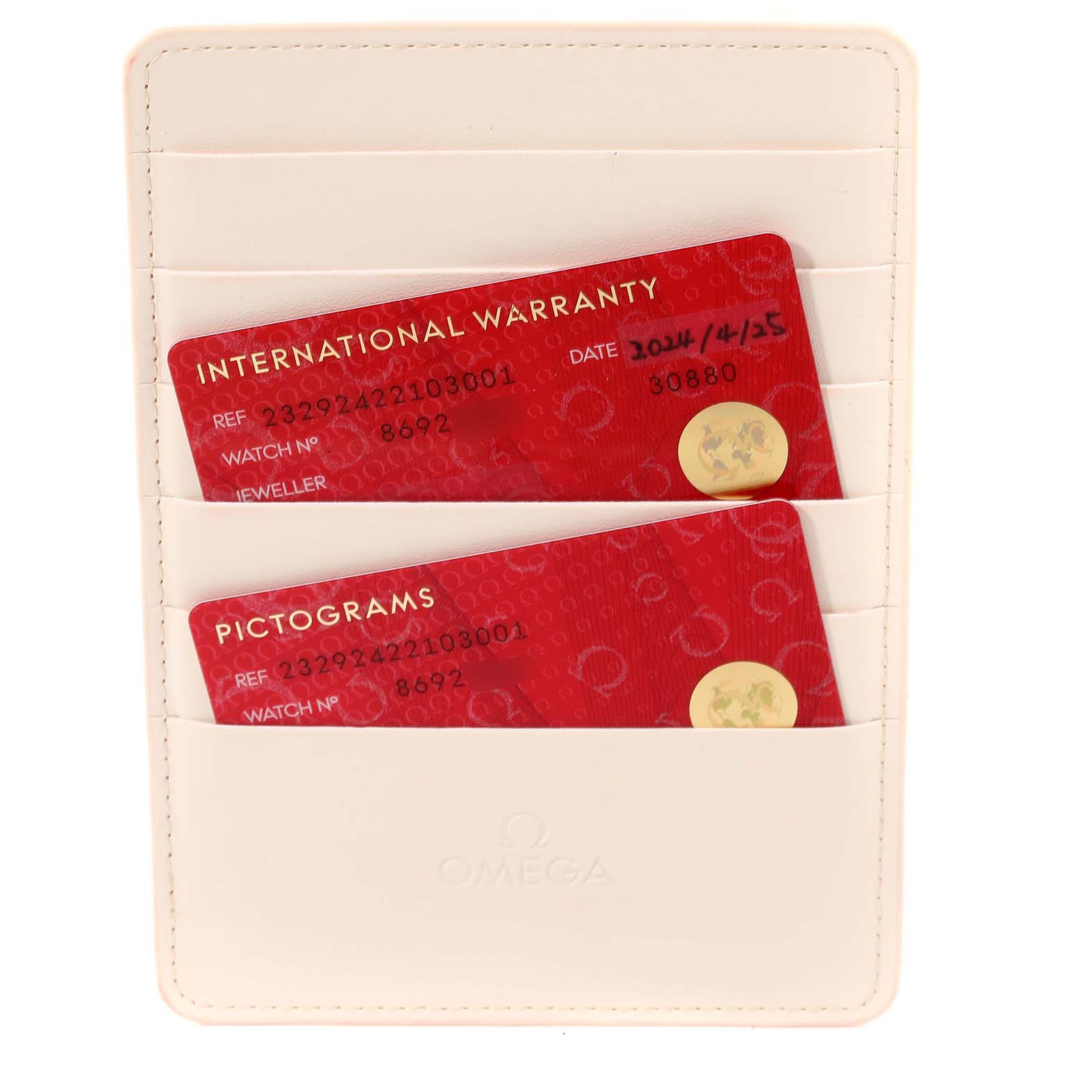 The image shows an Omega Planet Ocean 232.92.42.21.03.001 Men
s Titanium Blue Dial 232.92.42.21.03.001 Men
s Titanium Blue Dial watch
s warranty and pictograms cards in a white cardholder.