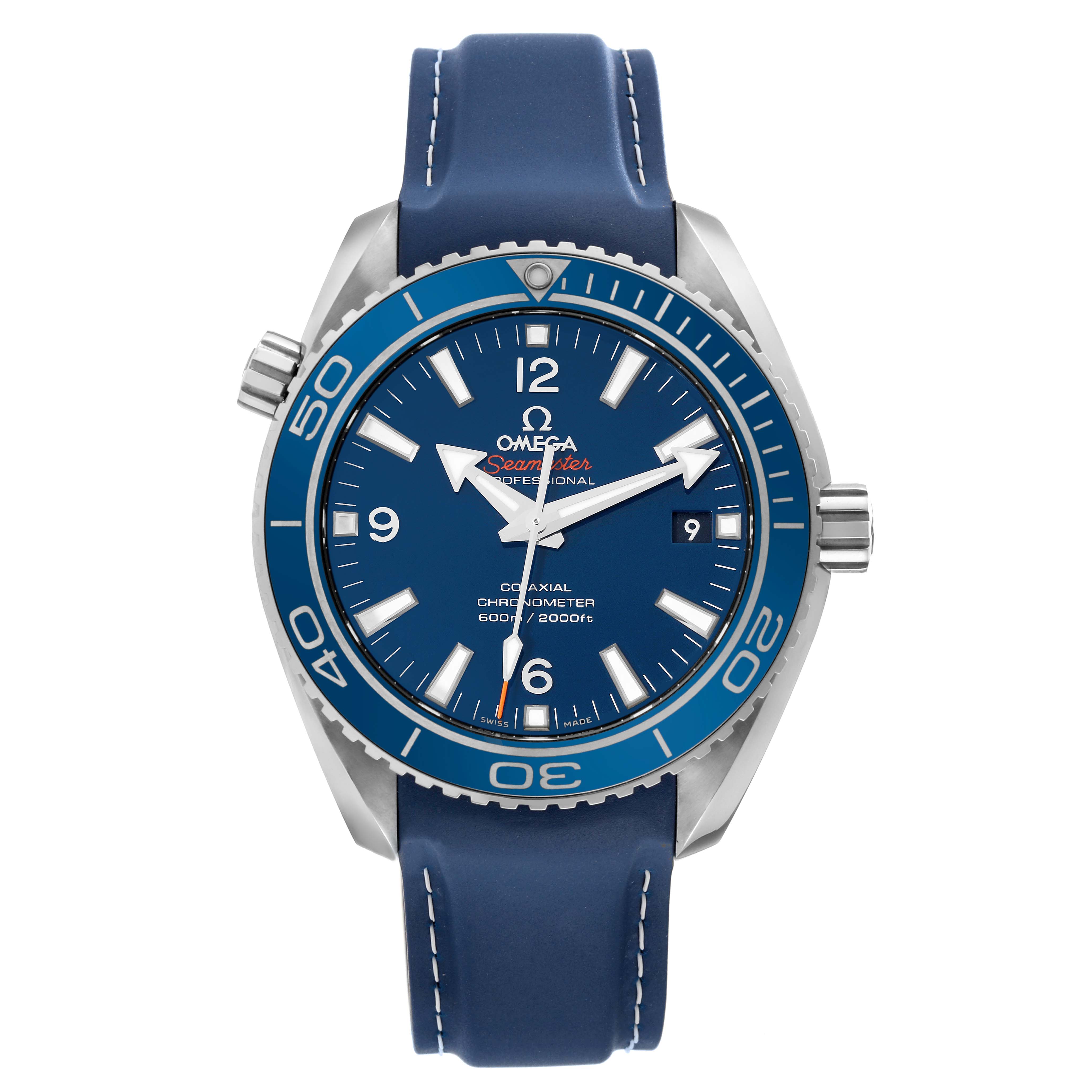 This image displays a front view of the Omega Planet Ocean 232.92.42.21.03.001 Men
s Titanium Blue Dial 232.92.42.21.03.001 Men
s Titanium Blue Dial model, showcasing its blue dial, bezel, and strap.