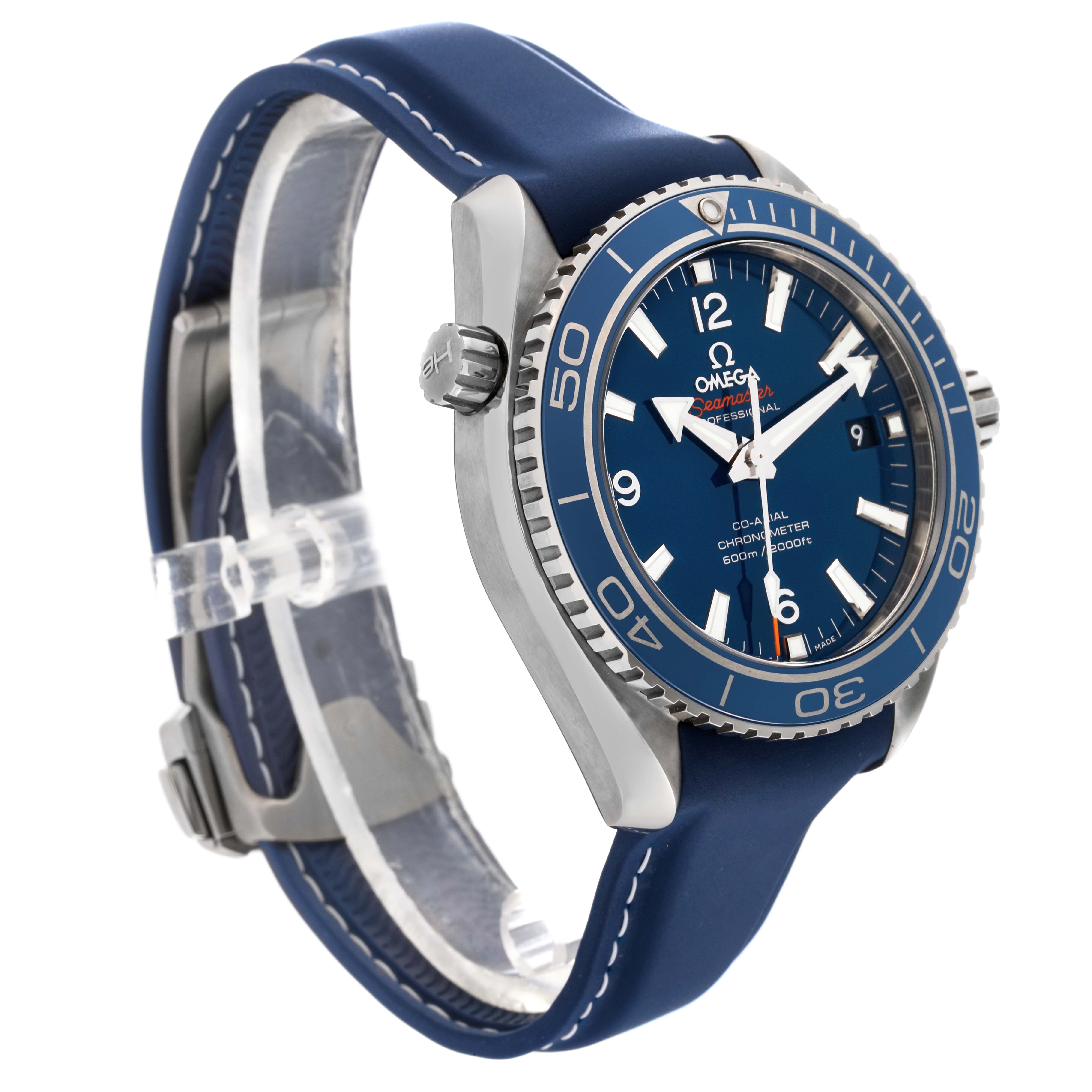 The Omega Planet Ocean 232.92.42.21.03.001 Men
s Titanium Blue Dial 232.92.42.21.03.001 Men
s Titanium Blue Dial model watch is shown at an angled view, displaying the case, face, bezel, crown, and strap.