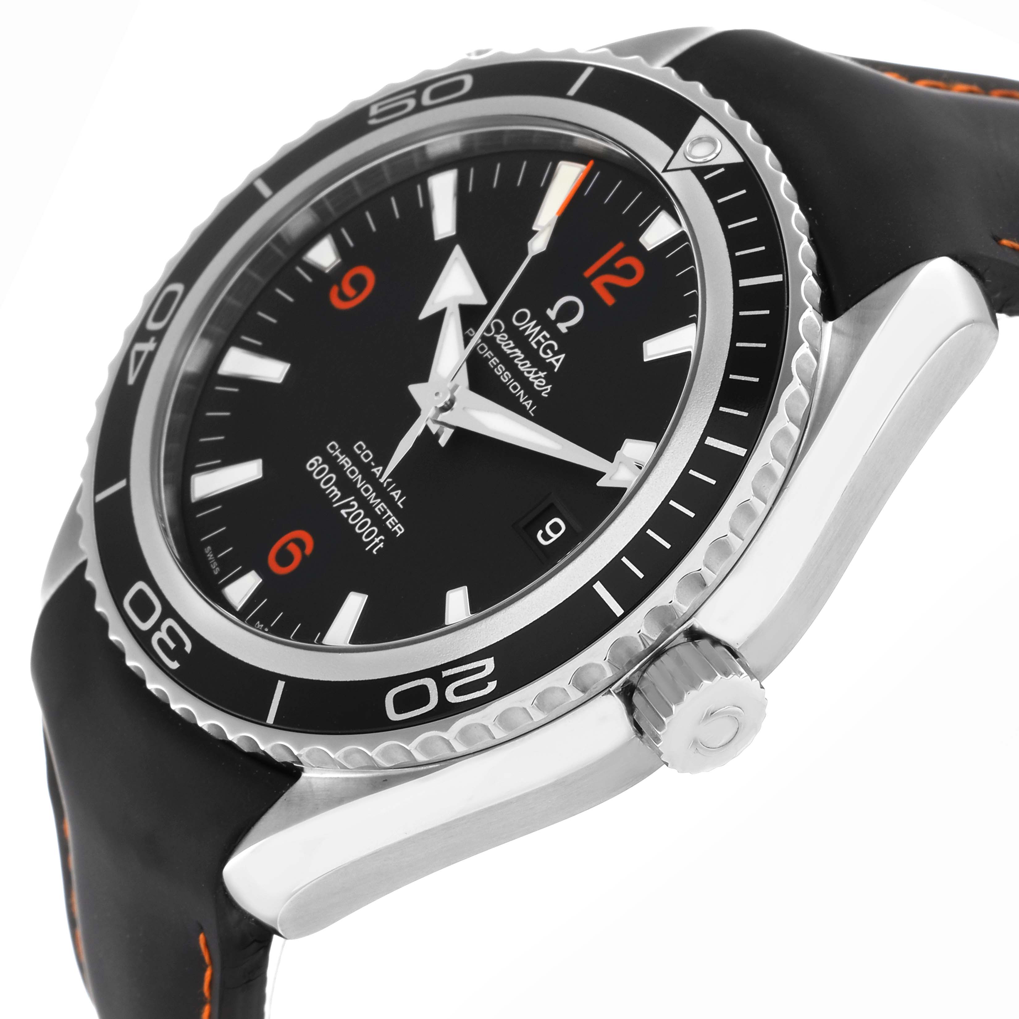 The Omega Seamaster 2900.51.82 Men
s Stainless Steel Black Dial watch is shown from a side angle, highlighting the bezel, dial, crown, and part of the strap.