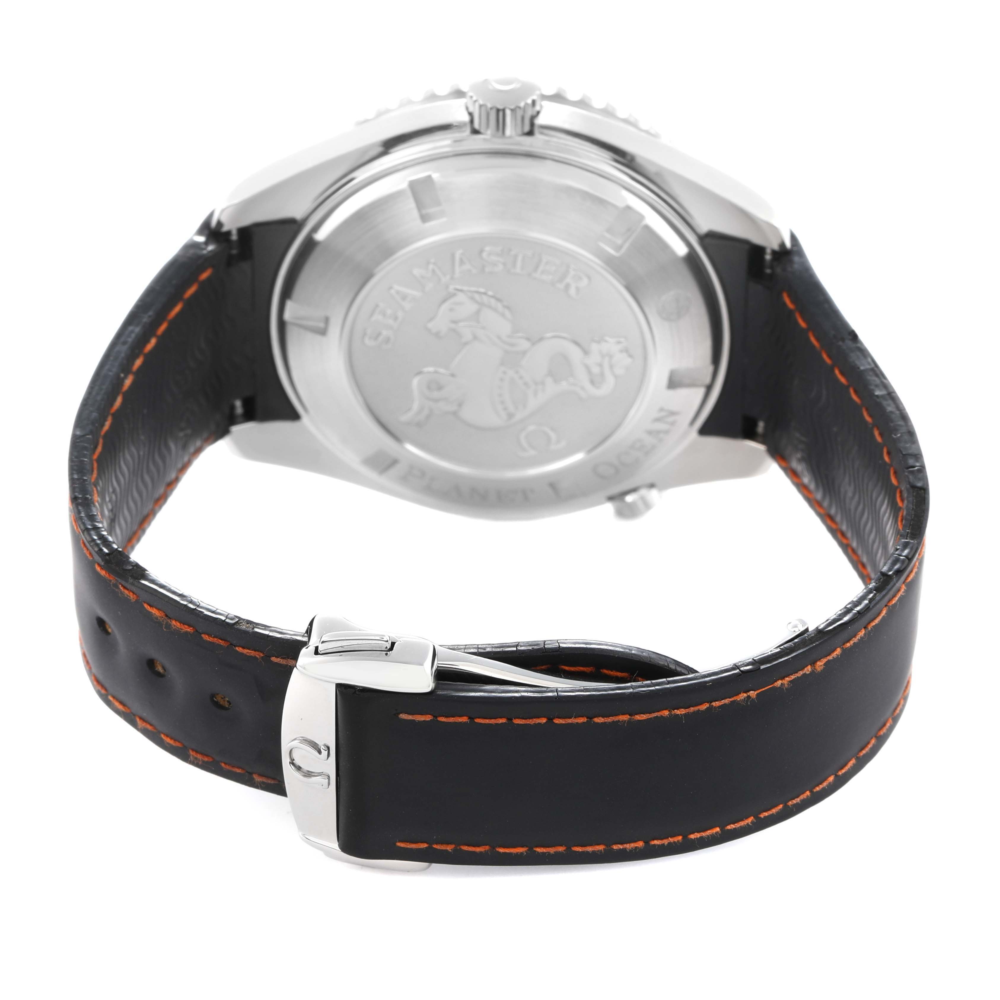 The image shows the back of an Omega Seamaster 2900.51.82 Men
s Stainless Steel Black Dial watch, including its case back and leather strap with orange stitching.