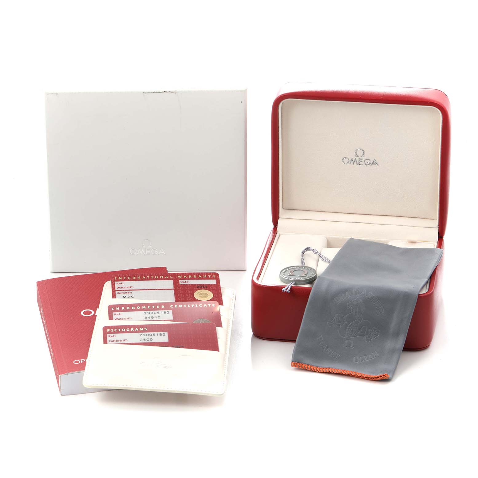 The image shows the packaging and accessories of an Omega Seamaster 2900.51.82 Men
s Stainless Steel Black Dial, including the box, warranty cards, and a gray pouch.