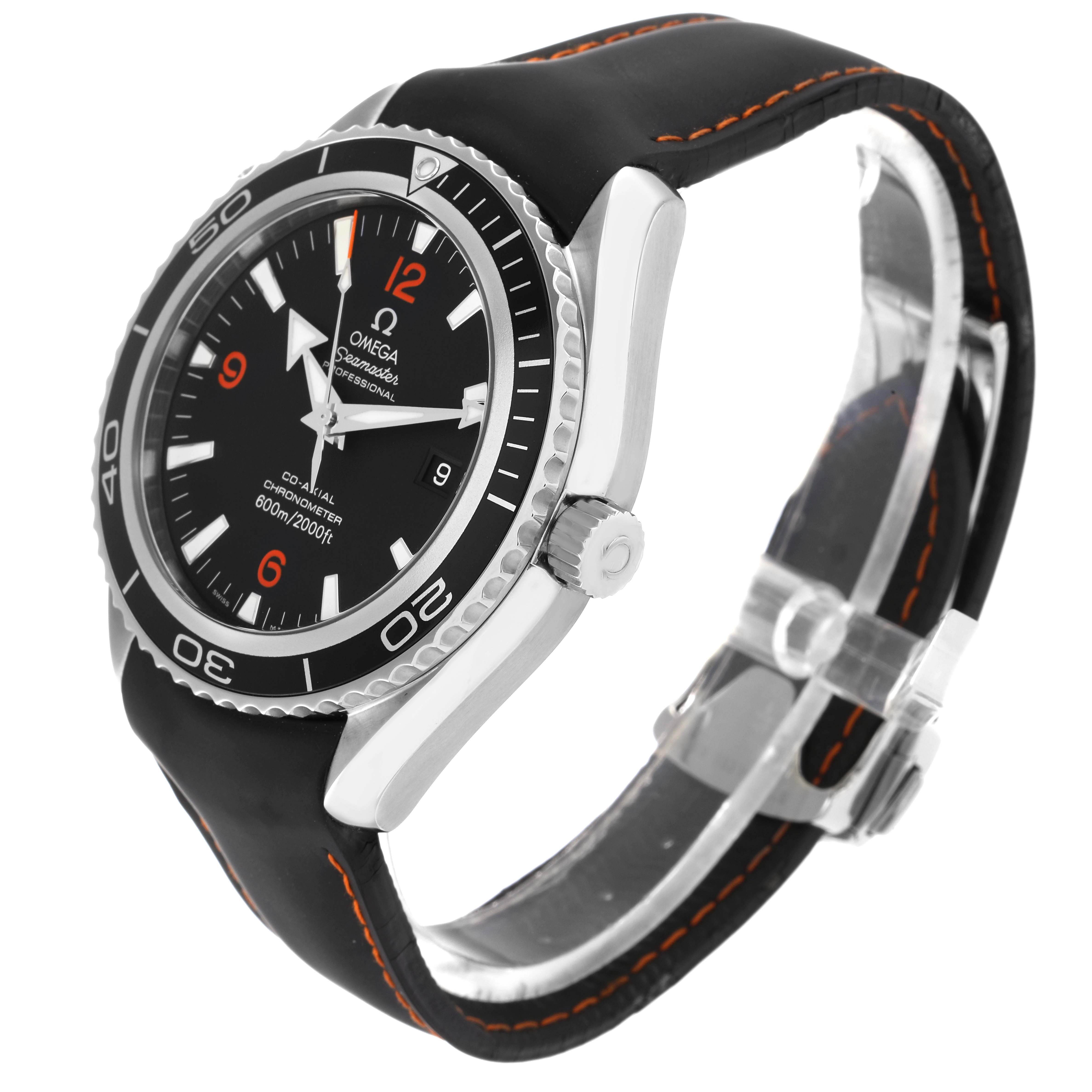 The Omega Seamaster 2900.51.82 Men
s Stainless Steel Black Dial watch is shown at an angled side view, displaying the bezel, crown, dial, and strap.