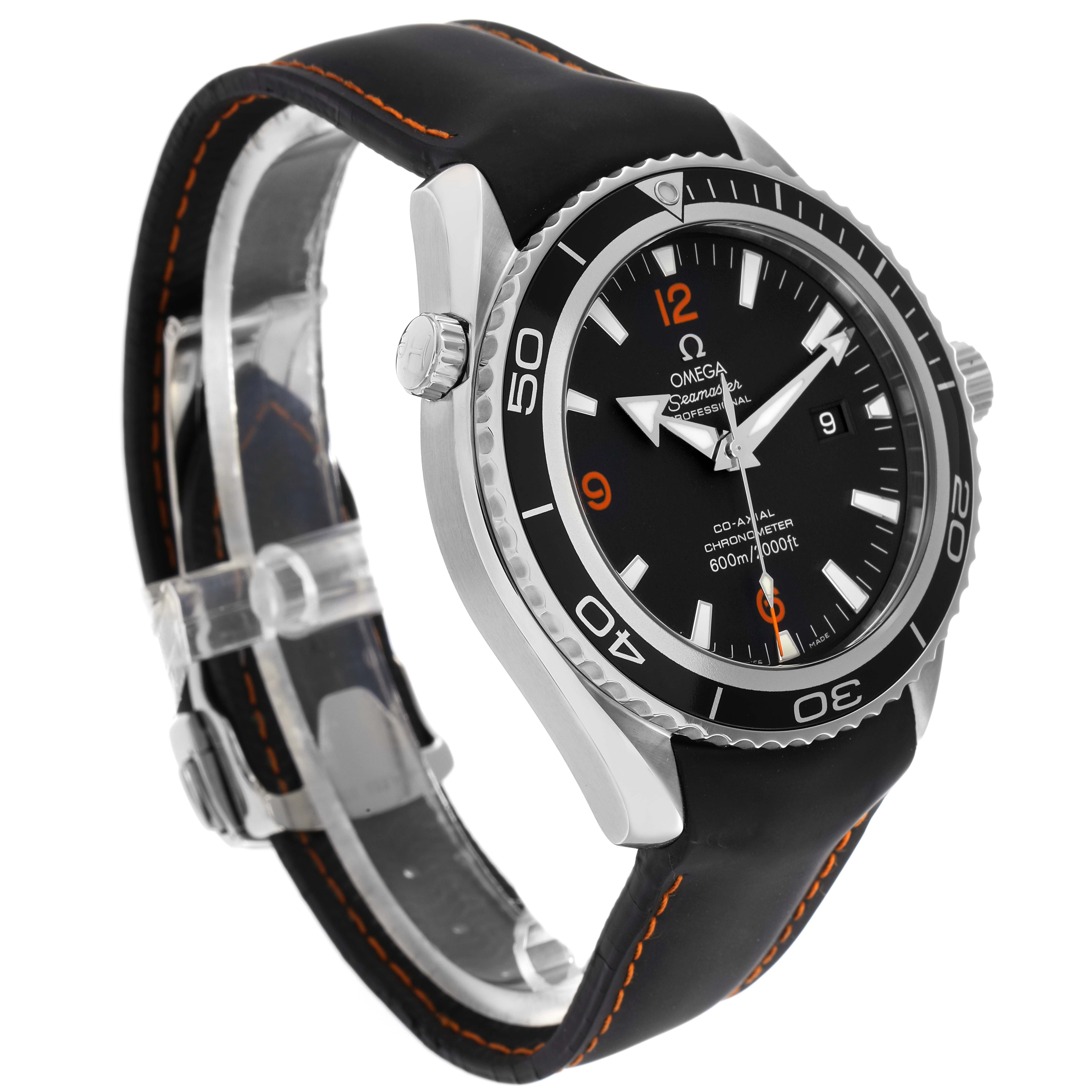 The Omega Seamaster 2900.51.82 Men
s Stainless Steel Black Dial watch is shown at a three-quarter angle, highlighting the bezel, crown, dial, and strap.