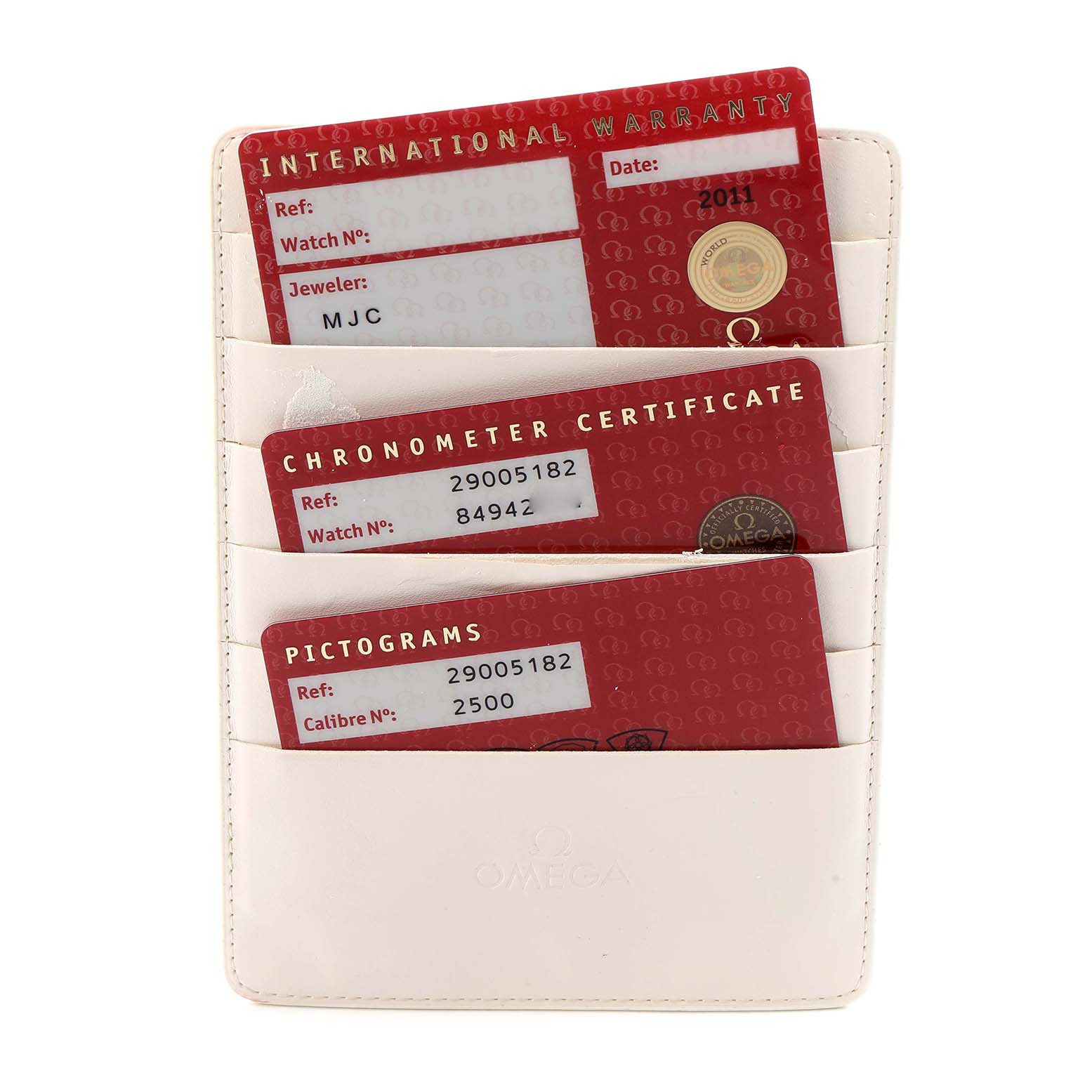 The image shows warranty and certification cards for the Omega Seamaster 2900.51.82 Men
s Stainless Steel Black Dial, displayed in a white cardholder.