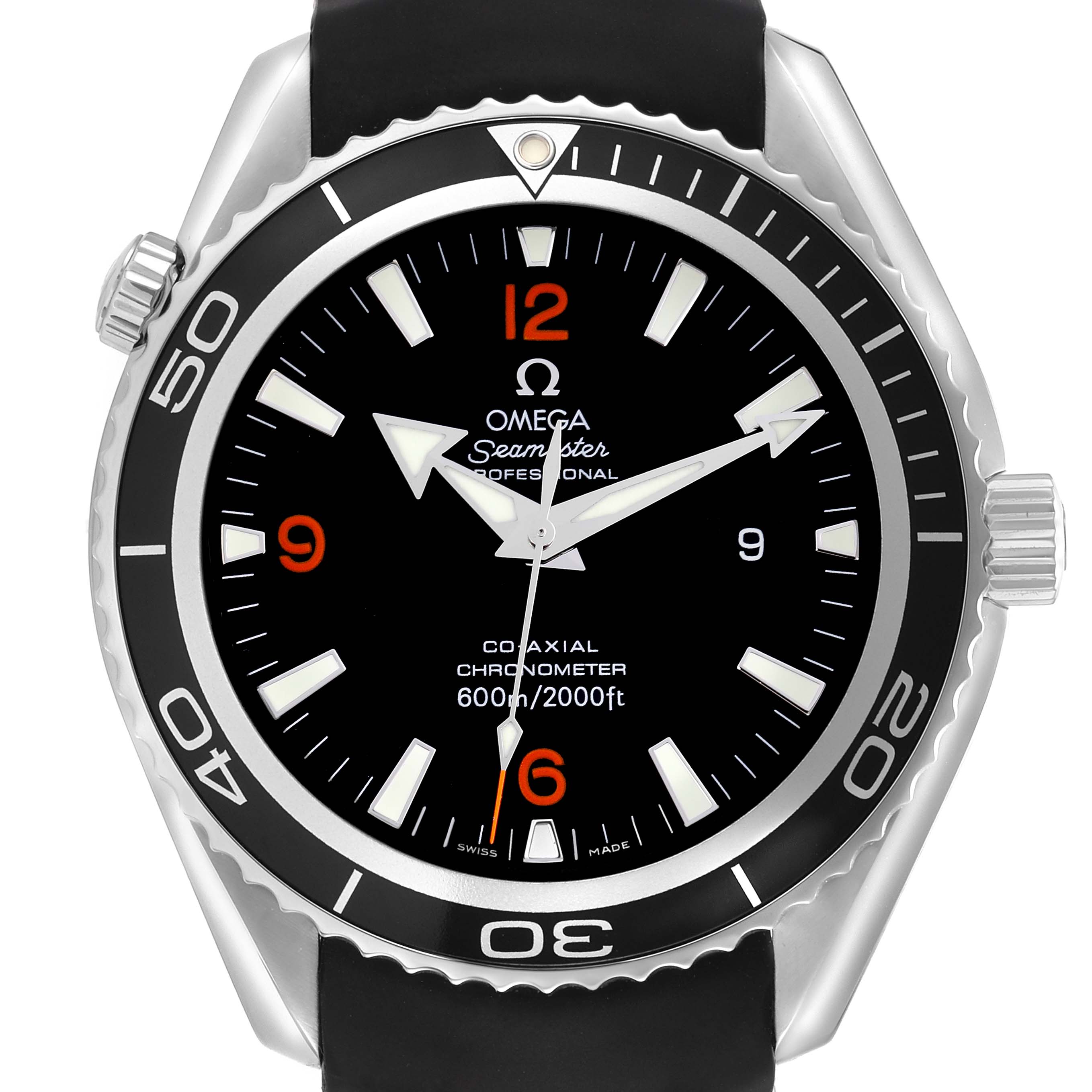 The Omega Seamaster 2900.51.82 Men
s Stainless Steel Black Dial watch is shown from a front angle, highlighting the face, bezel, and crown.