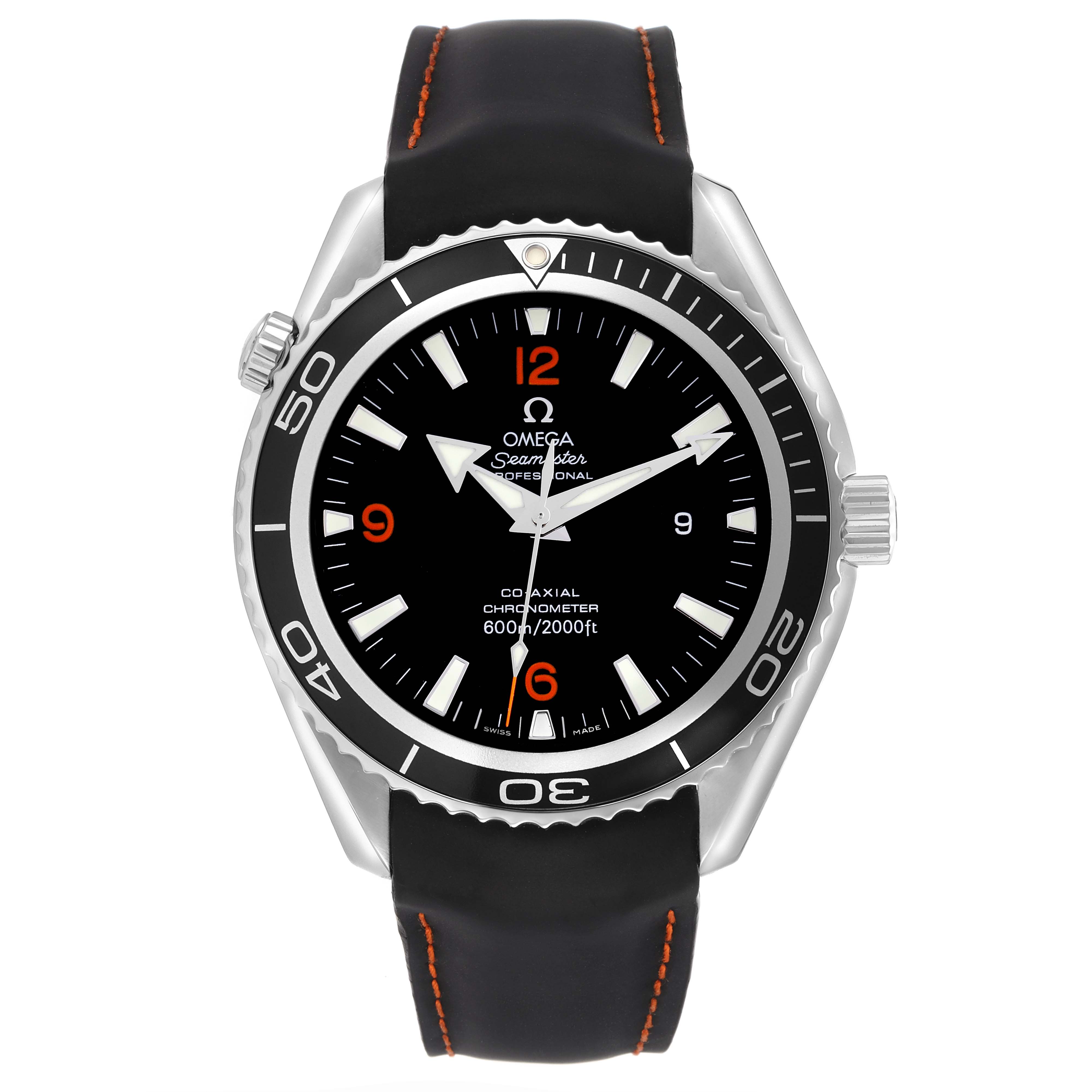 The Omega Seamaster 2900.51.82 Men
s Stainless Steel Black Dial watch is shown from a front angle, highlighting the dial, bezel, crown, and black strap with orange stitching.