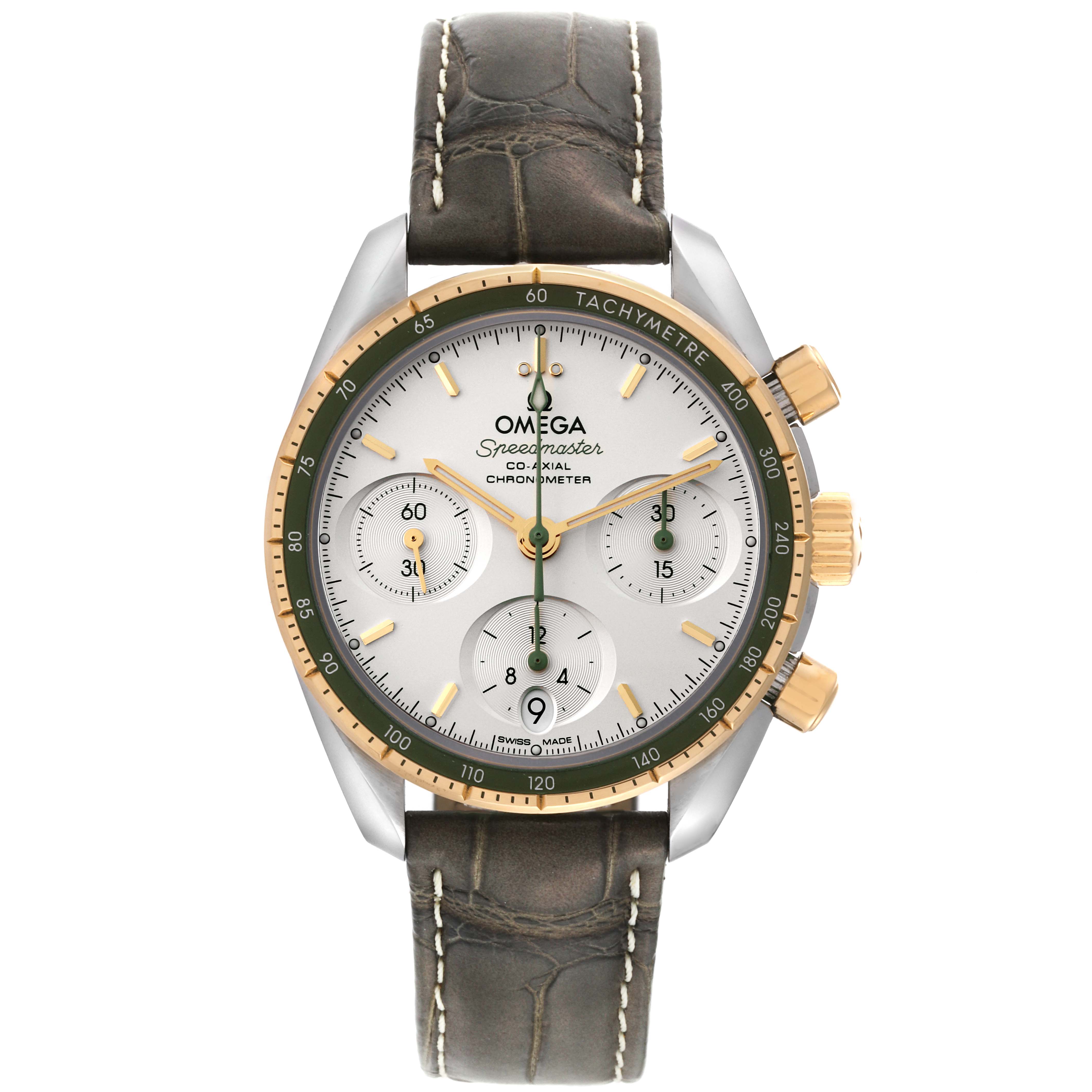 This image shows a front view of an Omega Speedmaster 324.23.38.50.02.001 Men's Steel and Gold (two tone) Silver Dial 324.23.38.50.02.001 Men's Steel and Gold (two tone) Silver Dial watch displaying its face, bezel, sub-dials, and leather strap.