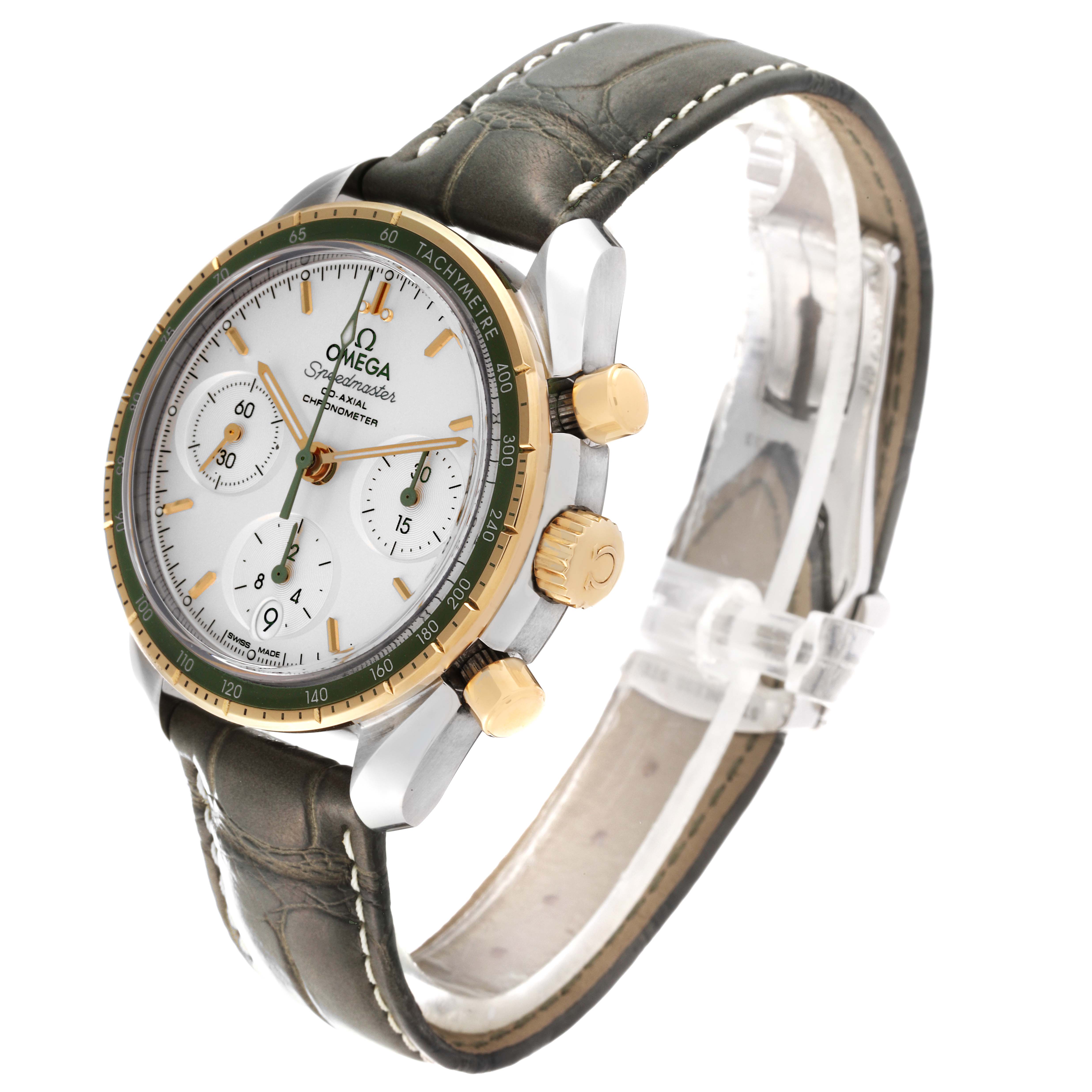 The Omega Speedmaster 324.23.38.50.02.001 Men's Steel and Gold (two tone) Silver Dial 324.23.38.50.02.001 Men's Steel and Gold (two tone) Silver Dial watch is shown at a 3/4 angle, displaying its face, bezel, crown, and strap.