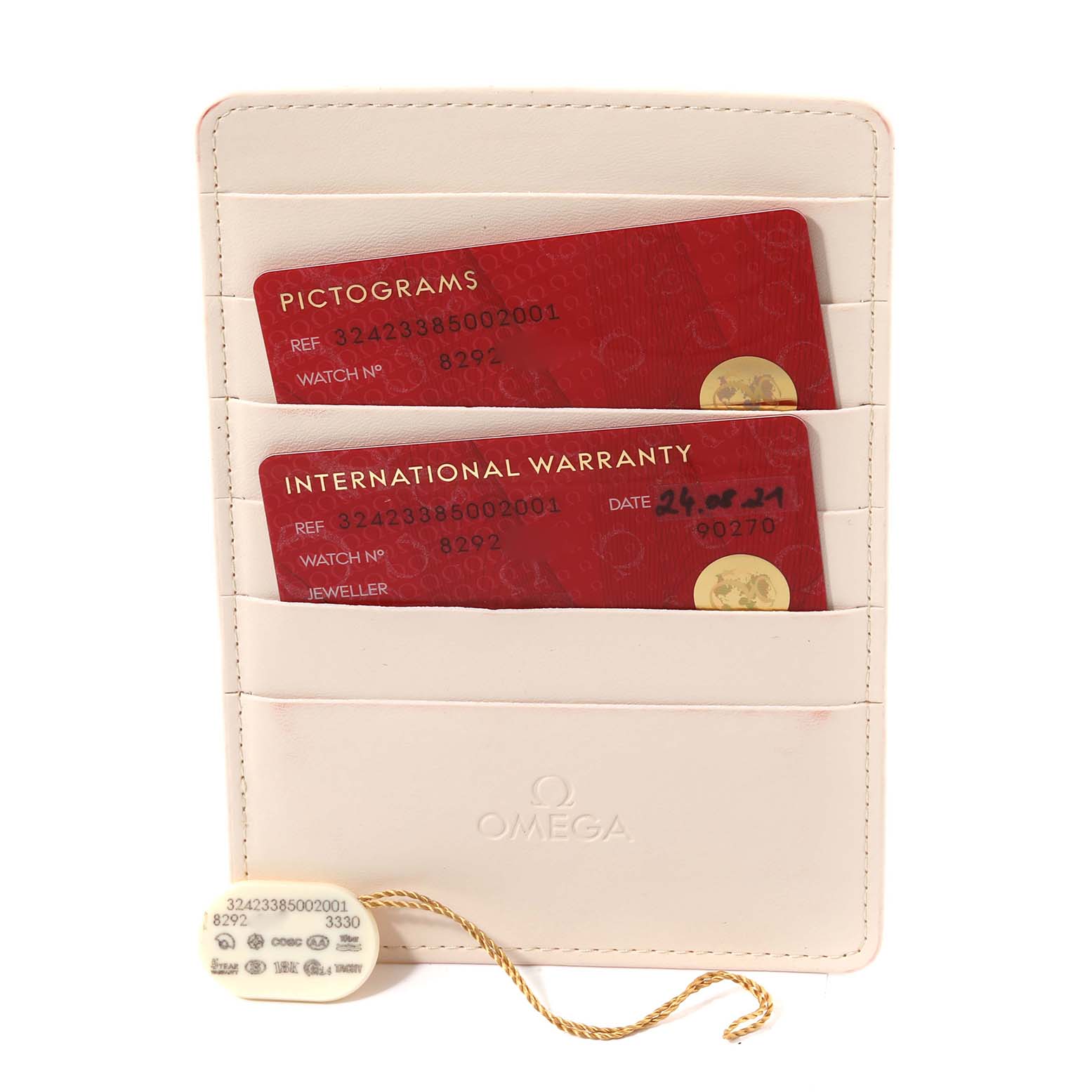 The image shows the warranty cards and tag of an Omega Speedmaster 324.23.38.50.02.001 Men's Steel and Gold (two tone) Silver Dial 324.23.38.50.02.001 Men's Steel and Gold (two tone) Silver Dial watch, placed inside a white leather cardholder.