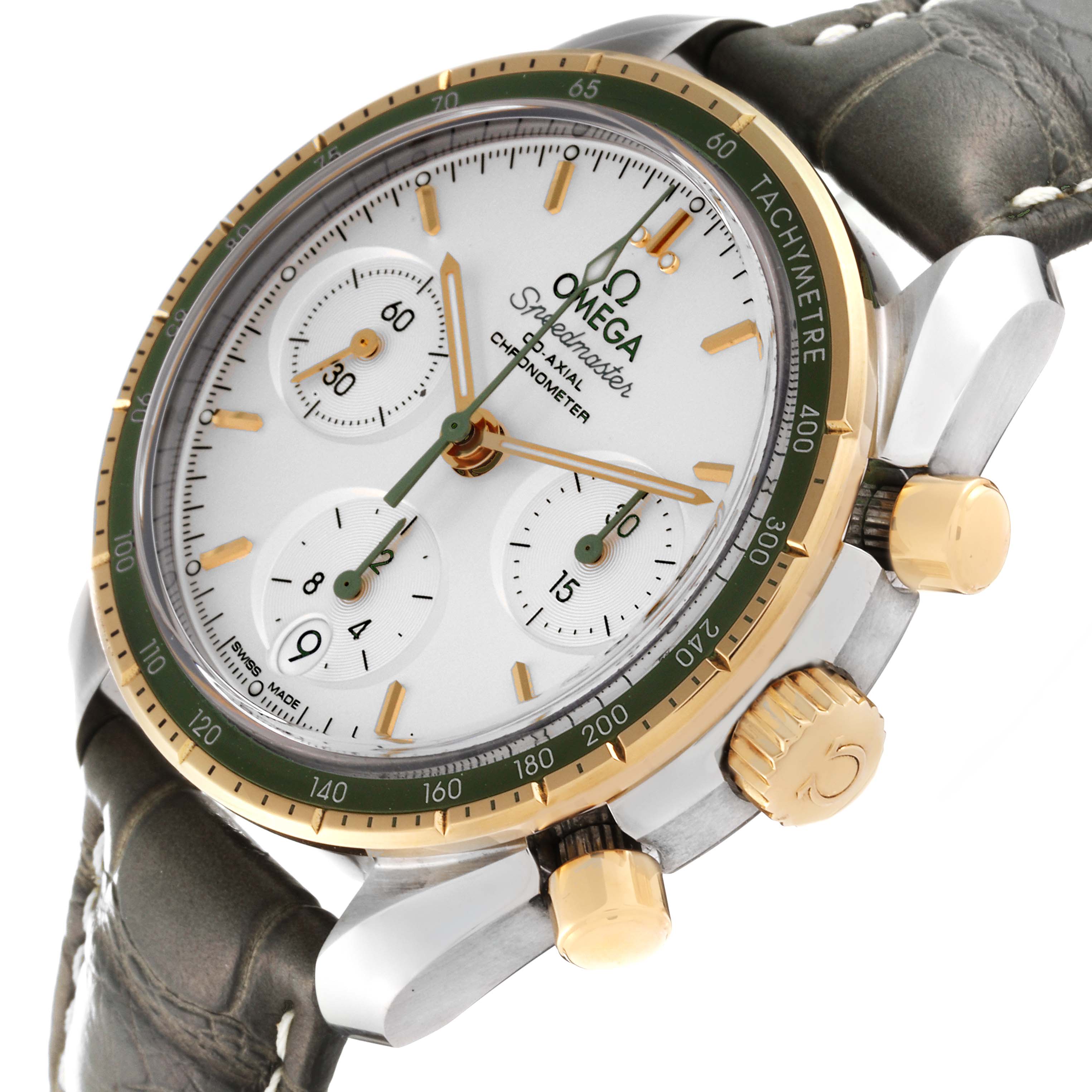 The image shows an angled close-up view of the Omega Speedmaster 324.23.38.50.02.001 Men's Steel and Gold (two tone) Silver Dial 324.23.38.50.02.001 Men's Steel and Gold (two tone) Silver Dial watch, highlighting the dial, crown, pushers, and strap.