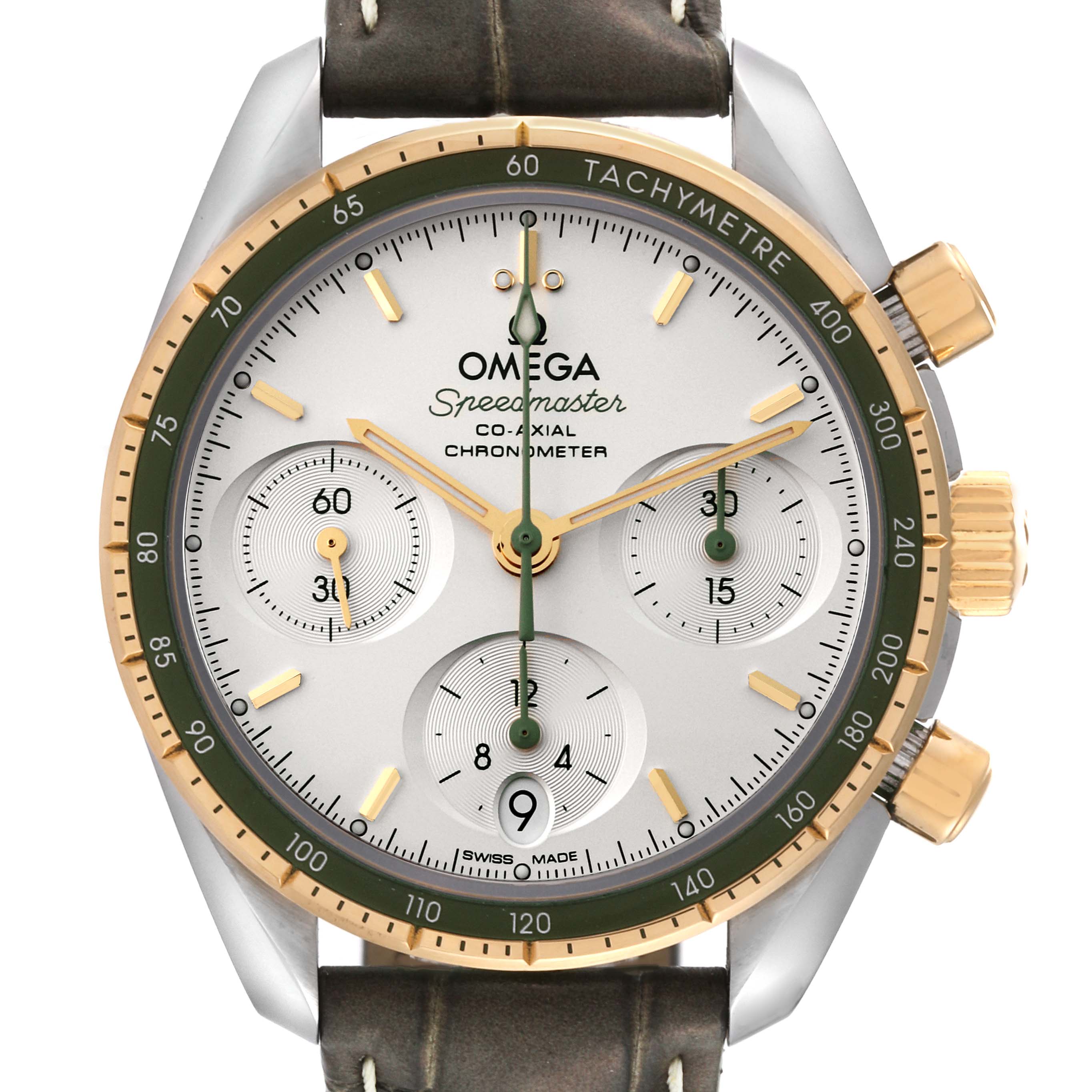 The image shows a front view of an Omega Speedmaster 324.23.38.50.02.001 Men's Steel and Gold (two tone) Silver Dial 324.23.38.50.02.001 Men's Steel and Gold (two tone) Silver Dial watch, highlighting its dial, tachymeter bezel, and chronograph subdials.