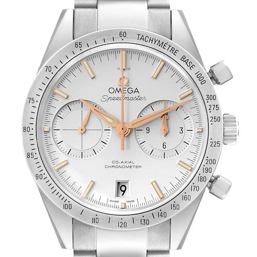 The image shows a front view of an Omega Speedmaster with a white dial, tachymeter bezel, and stainless steel bracelet.