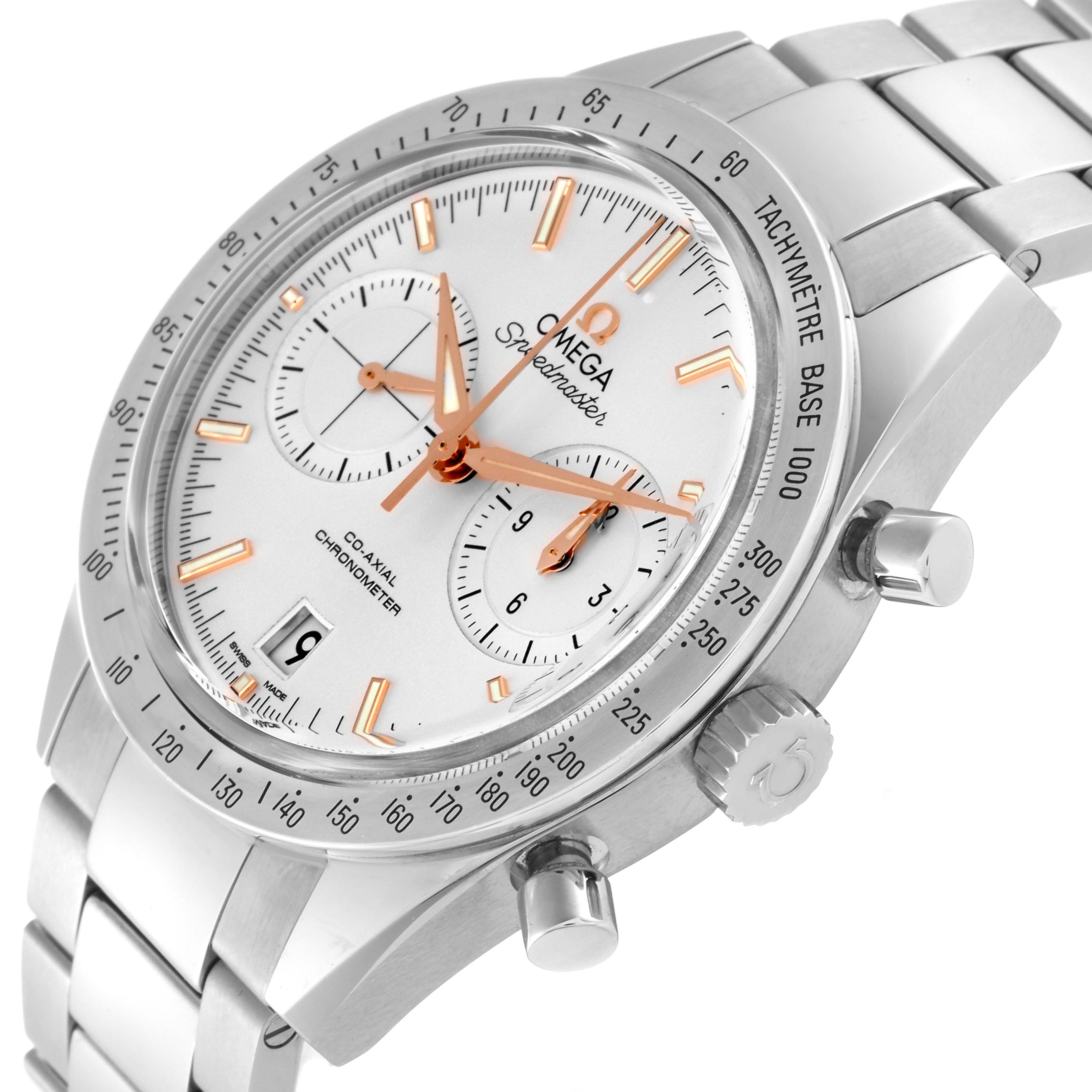 The image shows the Omega Speedmaster 331.10.42.51.02.002 Men's Stainless Steel Silver Dial 331.10.42.51.02.002 Men's Stainless Steel Silver Dial watch at an angle highlighting the dial, bezel, pushers, and metal bracelet.