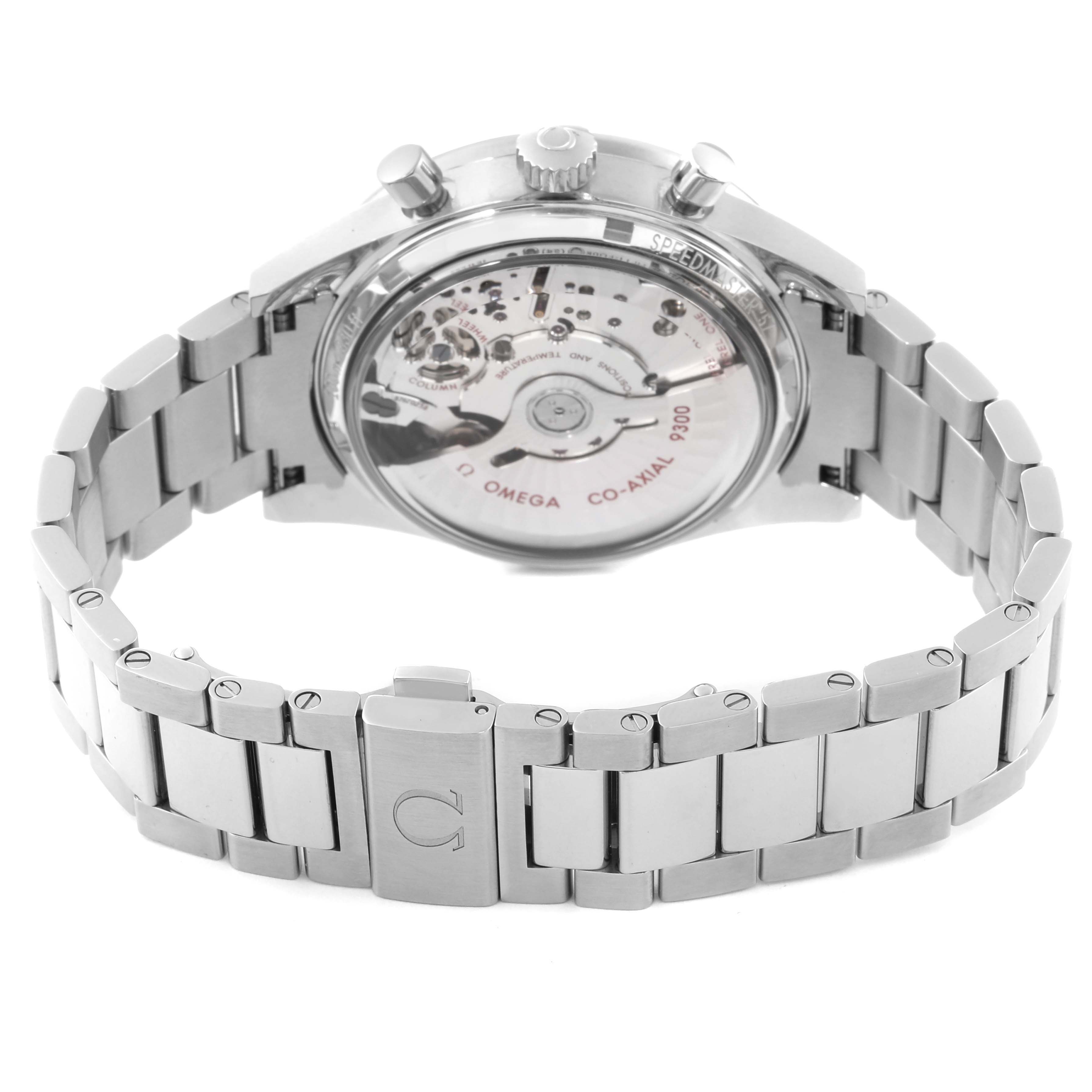 The image shows the back view of an Omega Speedmaster 331.10.42.51.02.002 Men's Stainless Steel Silver Dial 331.10.42.51.02.002 Men's Stainless Steel Silver Dial watch, highlighting the transparent case back and metal bracelet.