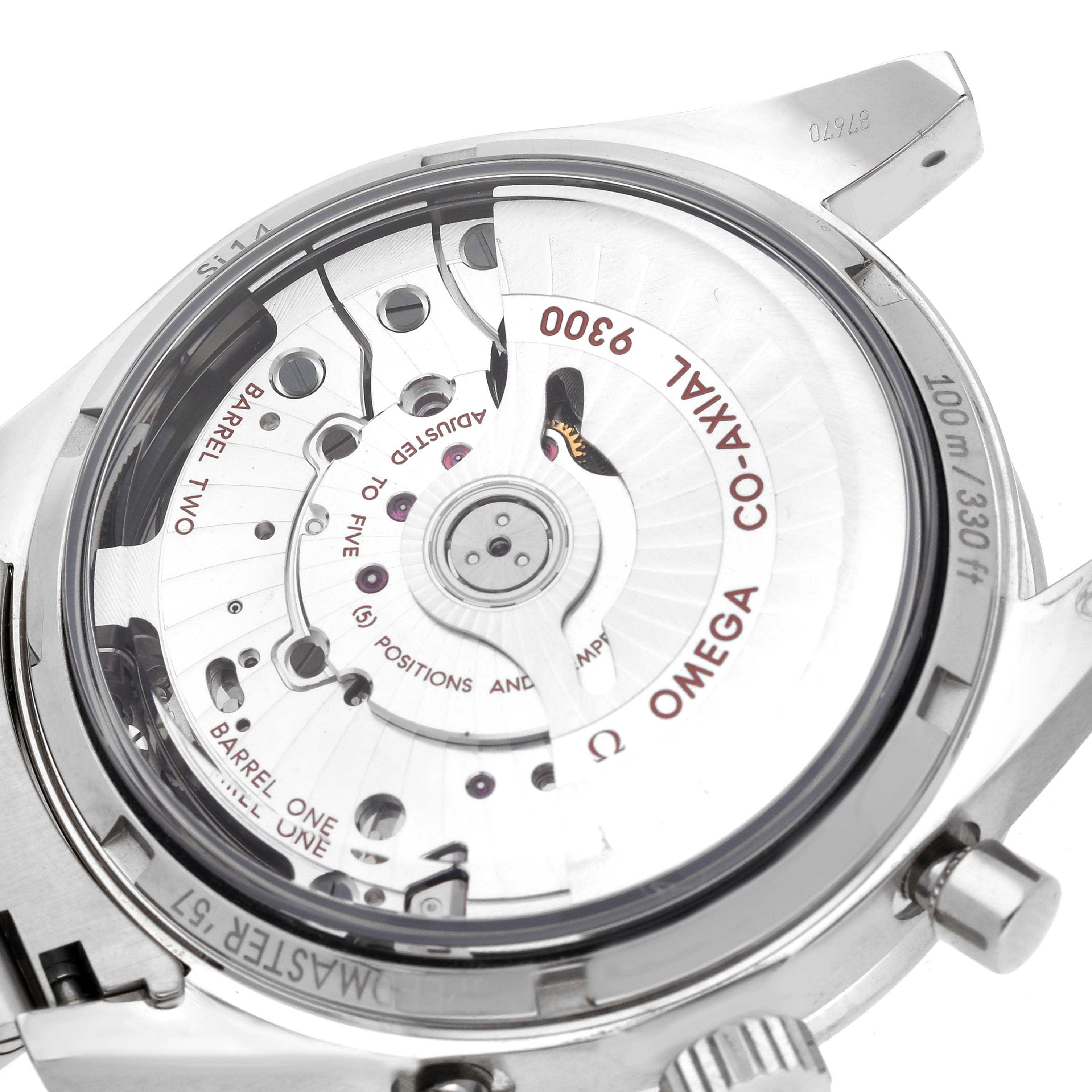 The image shows the Omega Speedmaster 331.10.42.51.02.002 Men's Stainless Steel Silver Dial 331.10.42.51.02.002 Men's Stainless Steel Silver Dial watch from the back angle, highlighting its 9300 Co-Axial movement.