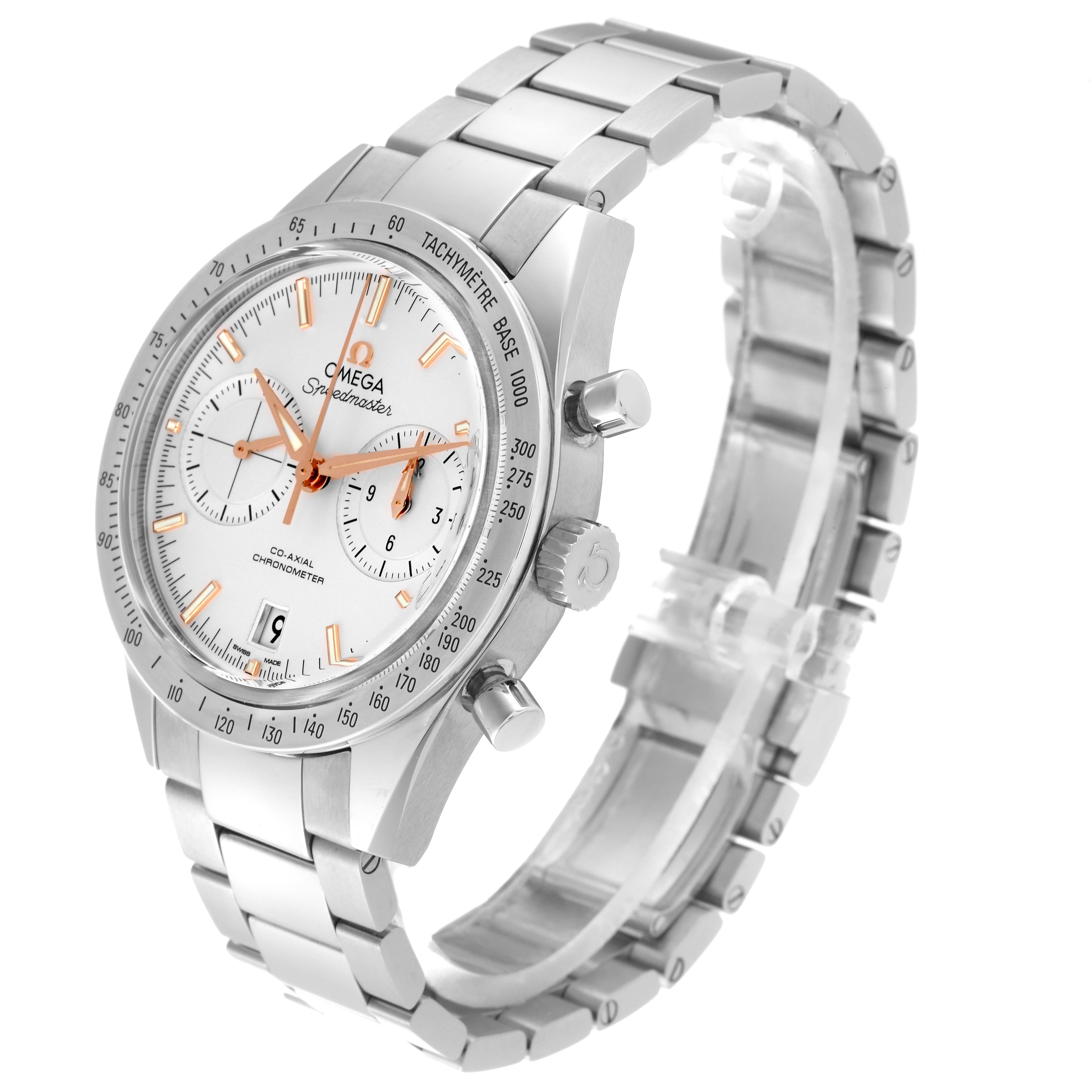 The image shows a side angle of the Omega Speedmaster 331.10.42.51.02.002 Men's Stainless Steel Silver Dial 331.10.42.51.02.002 Men's Stainless Steel Silver Dial watch, highlighting the dial, bezel, crown, and metal bracelet.