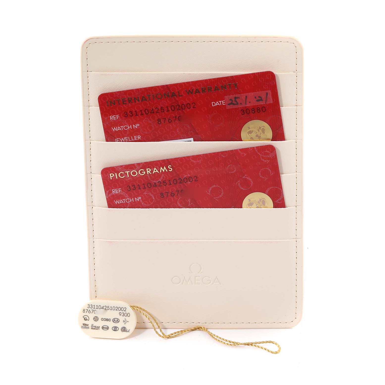 The image shows the warranty and pictogram cards, along with the tag, for an Omega Speedmaster 331.10.42.51.02.002 Men's Stainless Steel Silver Dial 331.10.42.51.02.002 Men's Stainless Steel Silver Dial watch.