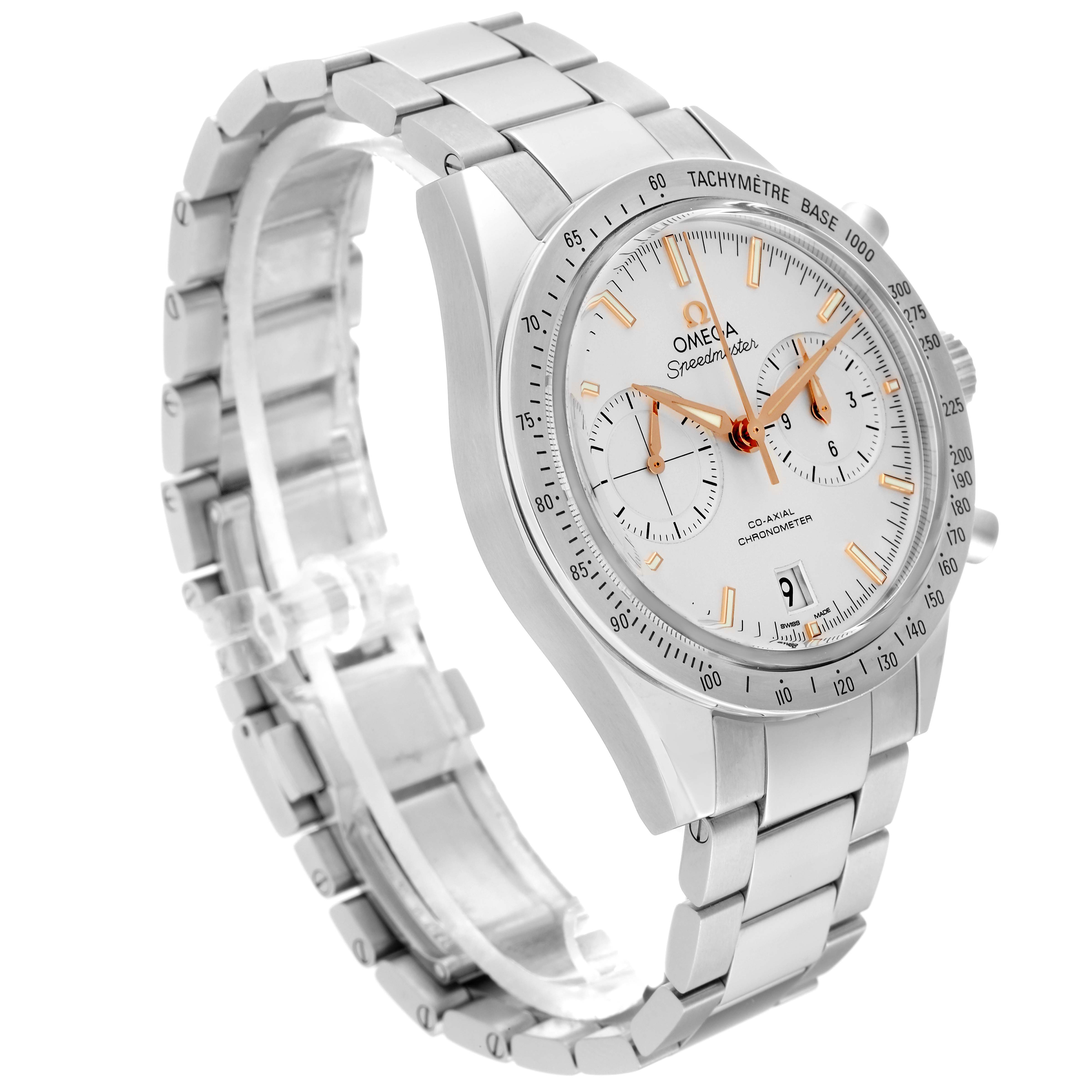 The Omega Speedmaster 331.10.42.51.02.002 Men's Stainless Steel Silver Dial 331.10.42.51.02.002 Men's Stainless Steel Silver Dial watch is shown at a slight angle, displaying its face, bracelet, and tachymeter.